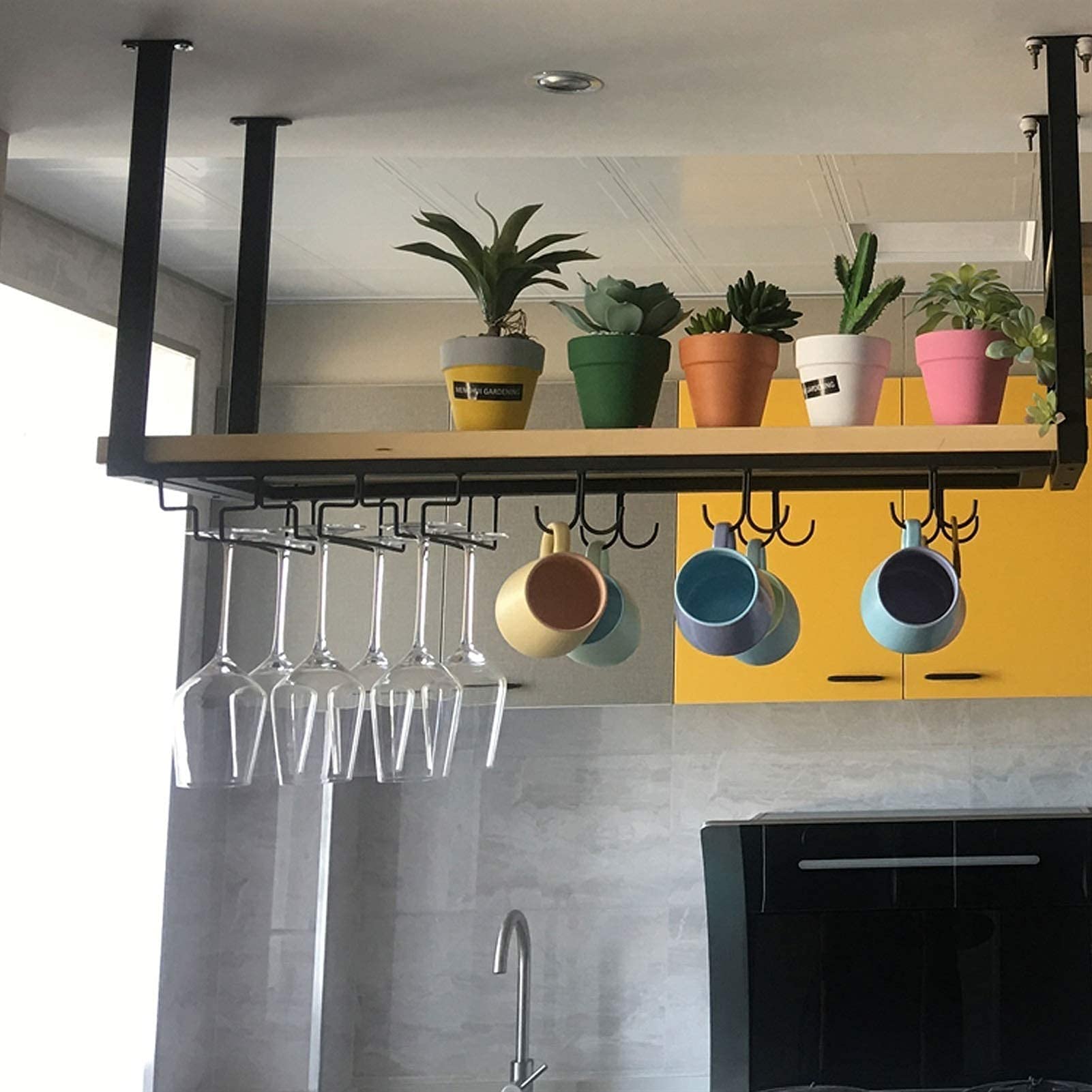 Hanging Wine Glass Holder - Solid Wood Ceiling & Wall Mount Wine Rack, Wrought Iron Floating Shelves for Kitchen & Bar Storage | Indoor Home Decor for Wine Display & Glass Organization