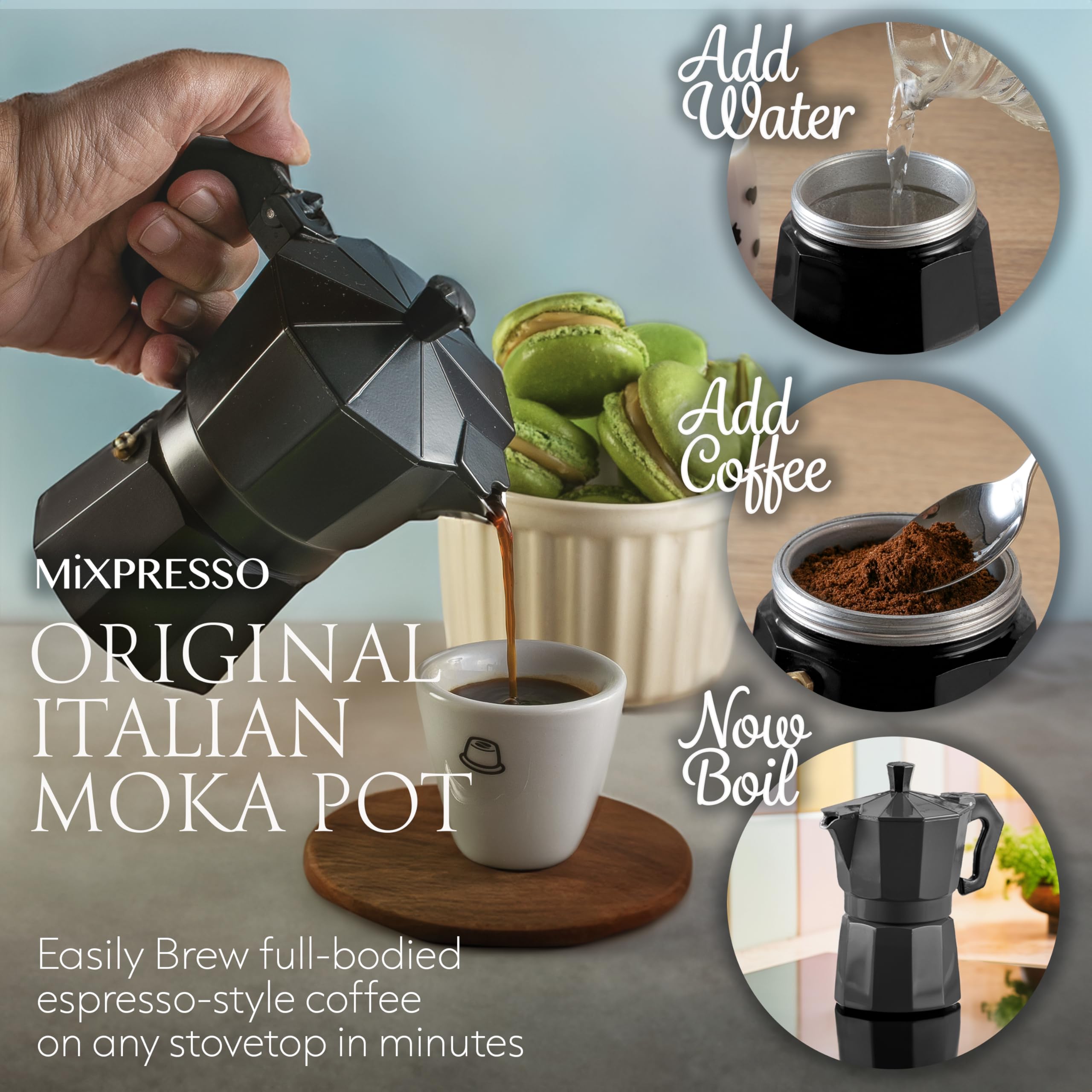 Mixpresso Aluminum Moka Pot Stovetop Espresso Maker - 3 Cup (5 oz) Italian Coffee Brewer for Gas & Electric Stoves with Bonus Coffee Mug - Perfect for Home, Office & Camping Espresso Brewing