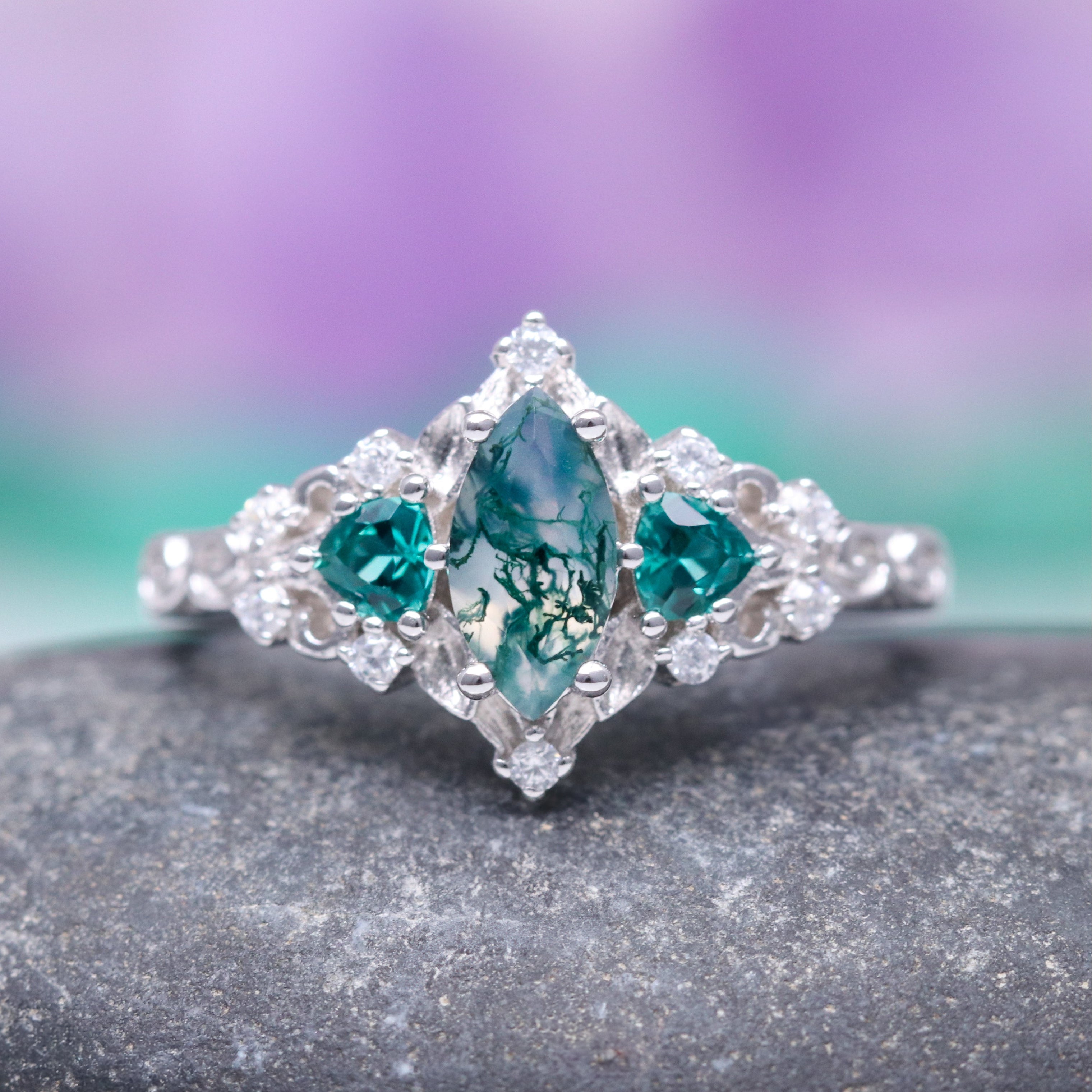 Elain Moss Agate & Teal Sapphire Leaf Ring in Sterling Silver - Elegant Nature-Inspired Jewelry for Women, Perfect for Weddings, Parties & Everyday Wear