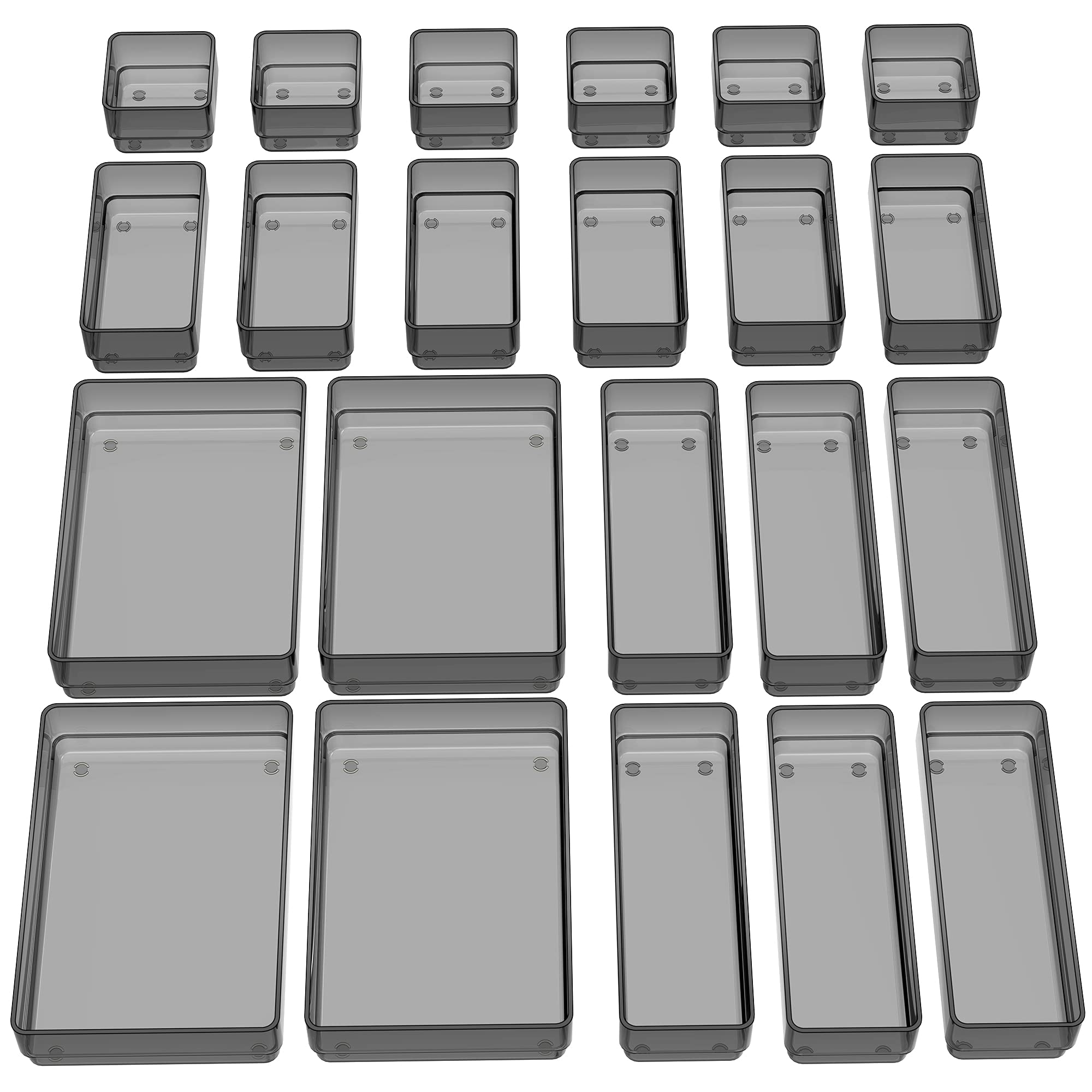 SMARTAKE 22-Piece Clear Drawer Organizer Set with Non-Slip Silicone Pads - 4-Size Storage Trays for Makeup, Jewelry, Utensils - Perfect for Bedroom Dresser, Office, Kitchen & Bathroom Organization (Light Black)