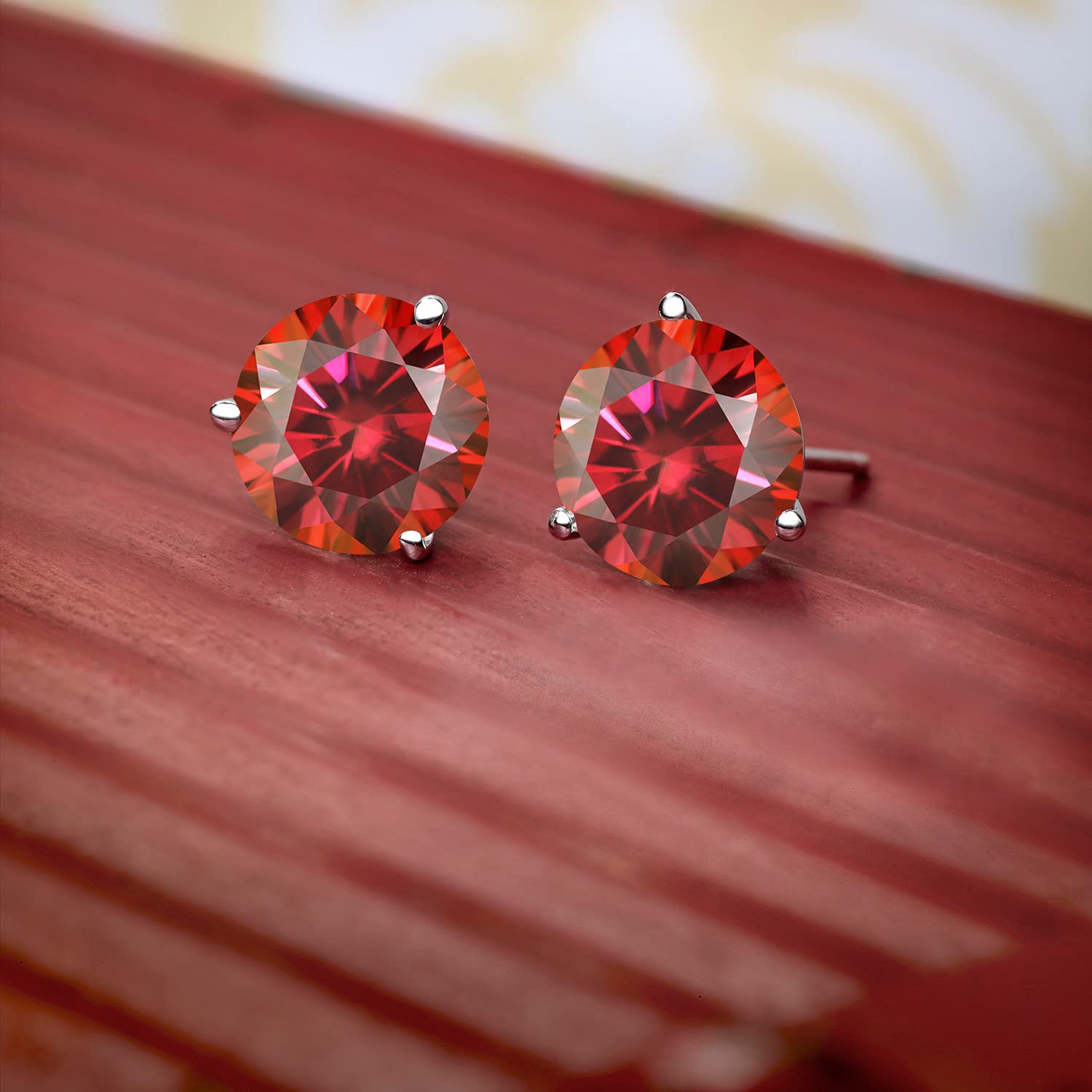 14K White Gold Martini Stud Earrings with Round Red Moissanite (2.00cttw) - Gem Stone King | Elegant Jewelry for Women & Men | Perfect for Weddings, Parties & Special Occasions