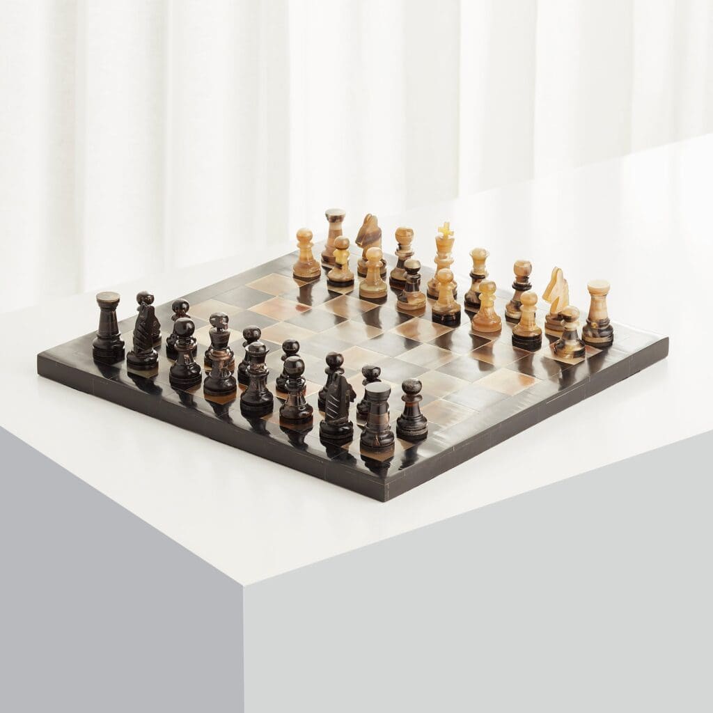 Cyan Design 10230 Checkmate Chess Board with Horn Pieces - Premium Wooden Chess Set for Home, Office & Game Room Decor