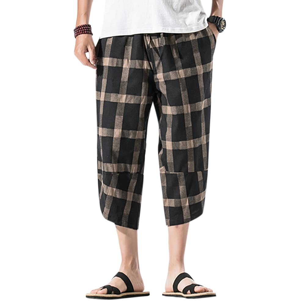 Men's Casual Plaid Capri Pants - Elastic Waist Wide Leg Harem Shorts | Comfortable Summer Lounge & Beach Wear
