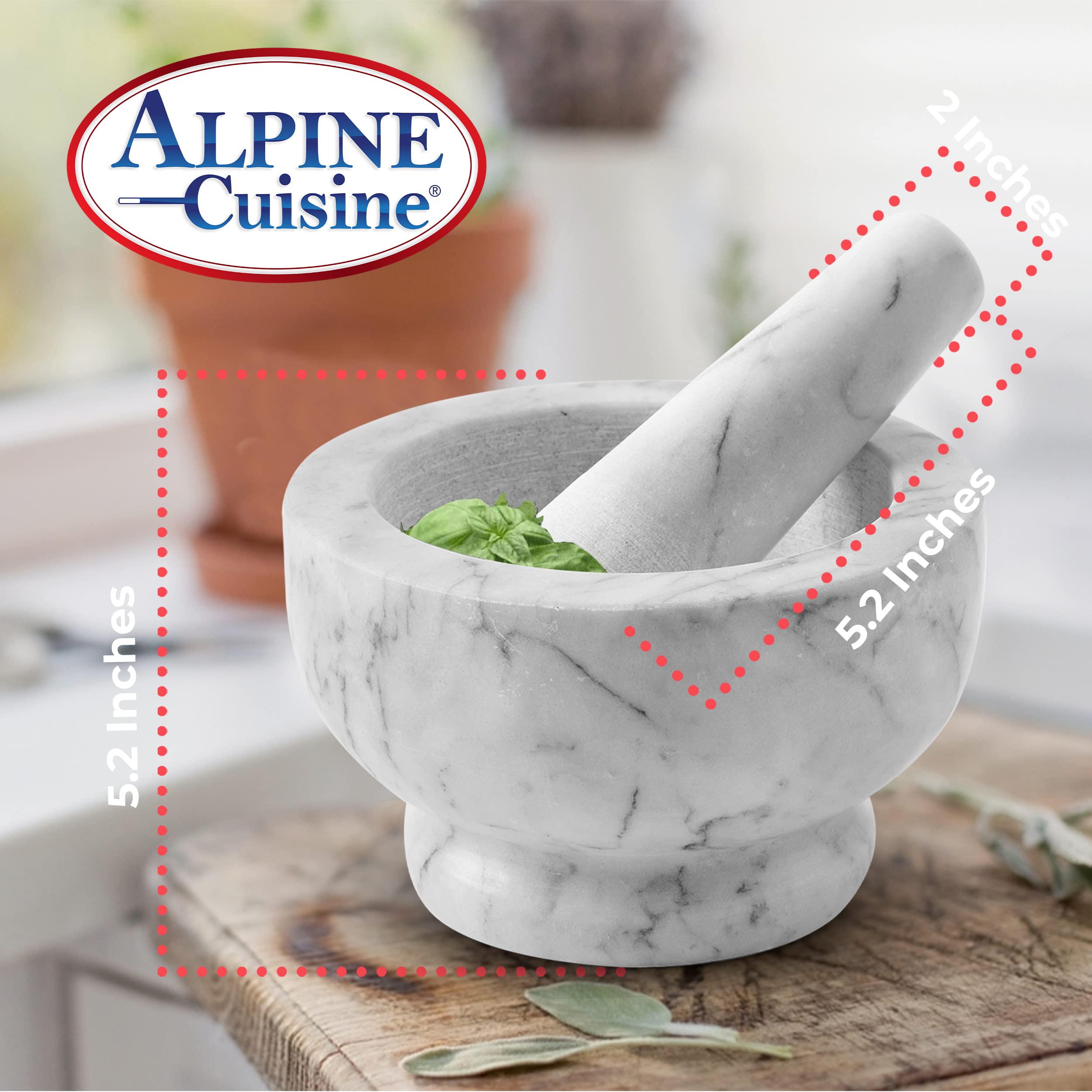 ALPINE CUISINE 5-Inch Natural Marble Mortar and Pestle Set - Stone Guacamole Molcajete Bowl for Grinding Spices, Herbs & Salsa | Durable Marble Spice Crusher & Grinder | Perfect Kitchen Gift Set (White, 5x3 Inch) for Mexican Cooking, Thai Curry Paste & Fresh Herb Preparation