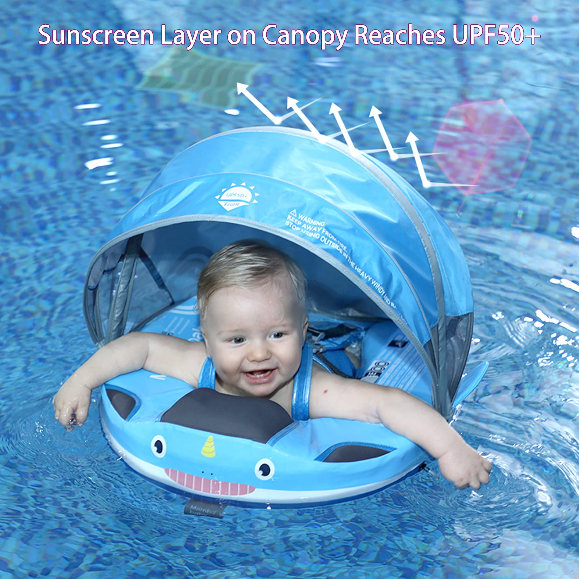 Mambobaby Non-Inflatable Baby Float with Canopy & Tail - Safe Swim Trainer for Toddlers Boys & Girls (Narwhal-Pink) | Pool Flotation Device for Summer Water Play & Learning to Swim