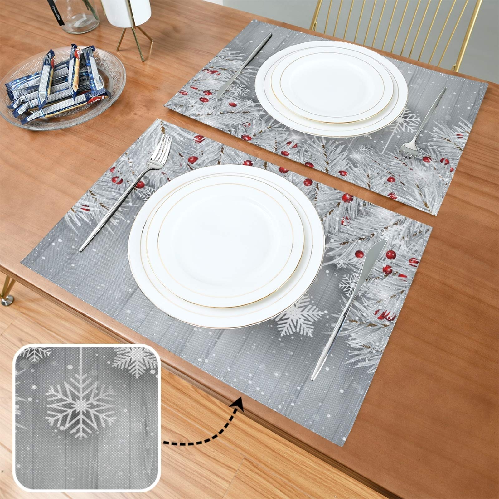 ALAZA Silver Christmas Tree Snowflake Burlap Placemats - Set of 6 Holiday Dining Table Mats for Home & Kitchen Decor - Perfect for Christmas Dinner, Winter Party, and Festive Table Settings