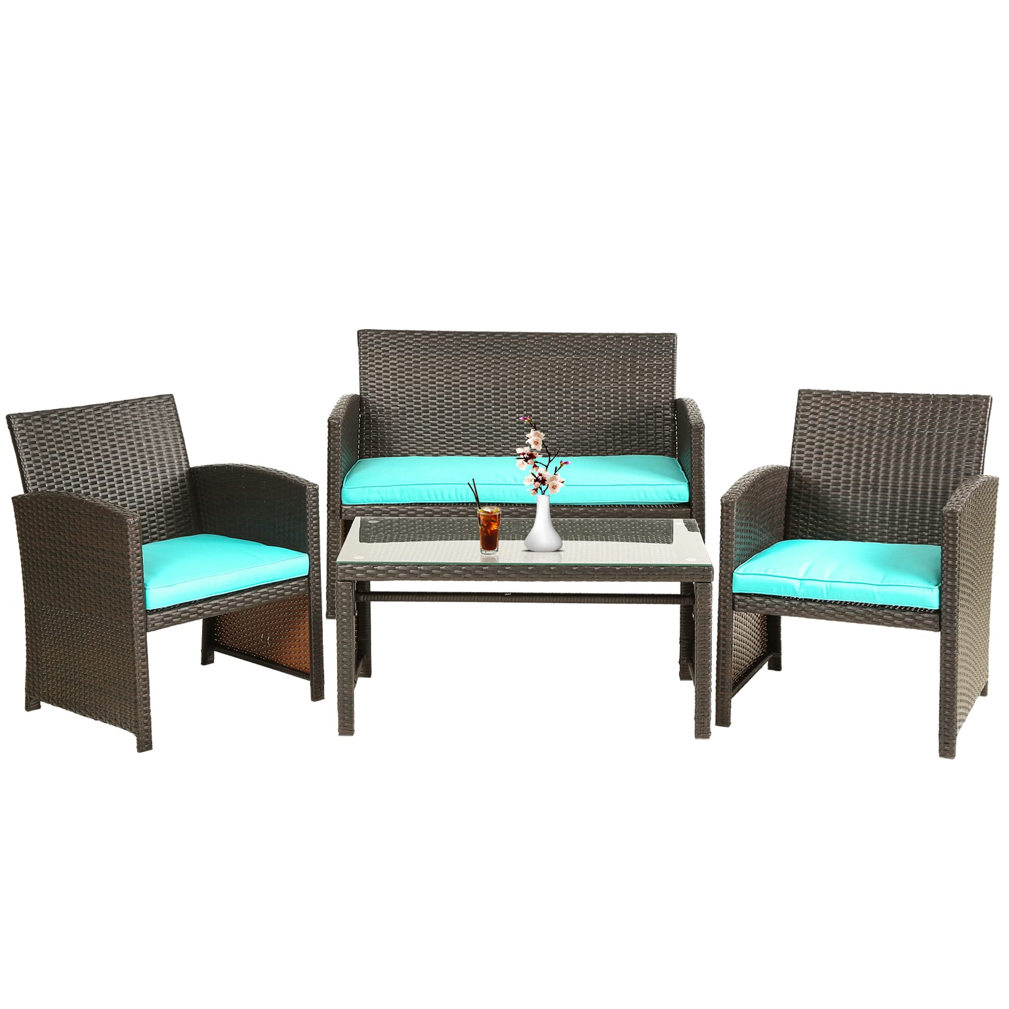 4-Piece Brown Wicker Patio Furniture Set with Blue Cushions & Glass Table - Outdoor Conversation Set for Poolside, Lawn, Porch, Balcony, Garden, and Indoor Use