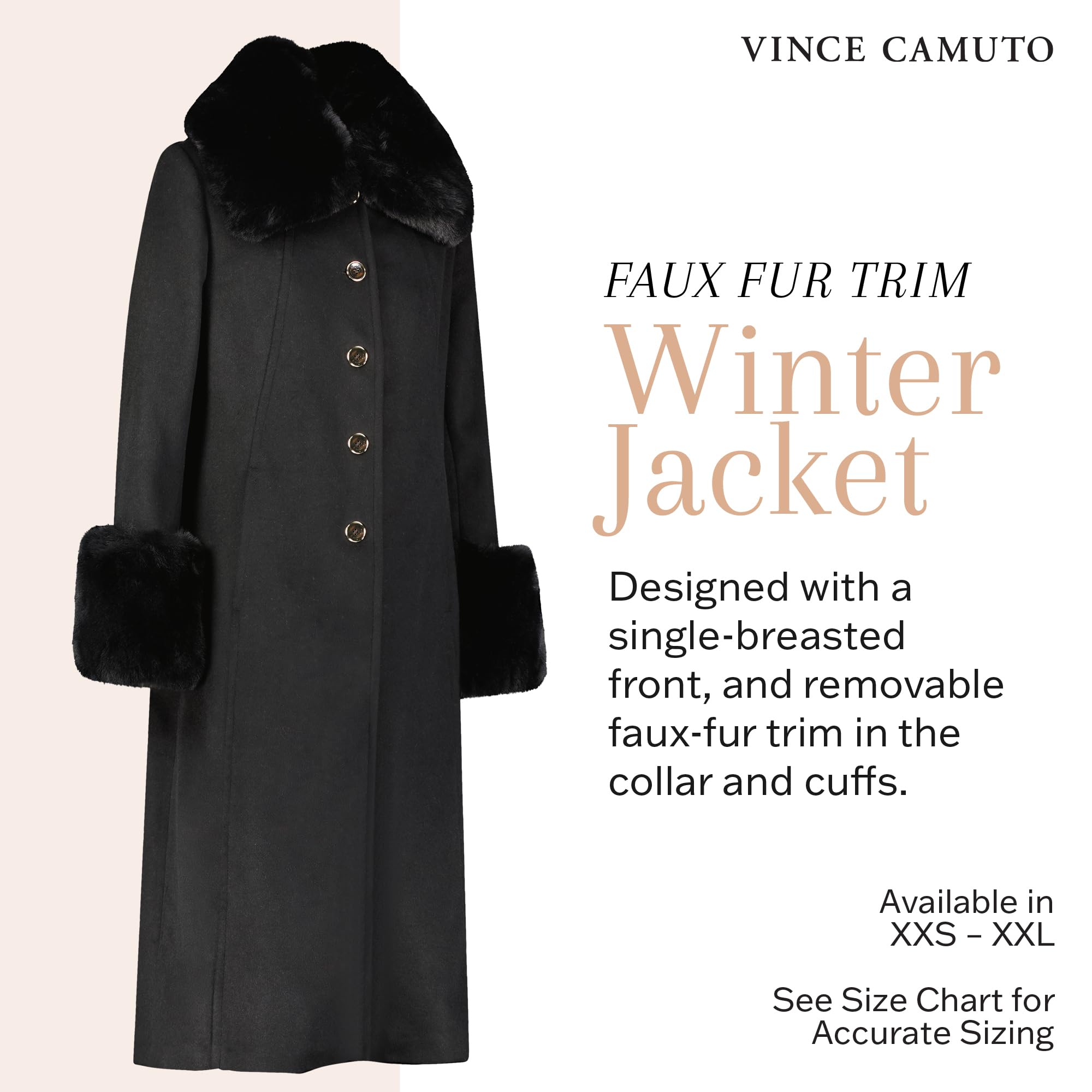 Vince Camuto Women's Wool Trench Coat with Fur Trim - Classic Pea Coat for Fall & Winter, Office Wear & Formal Occasions