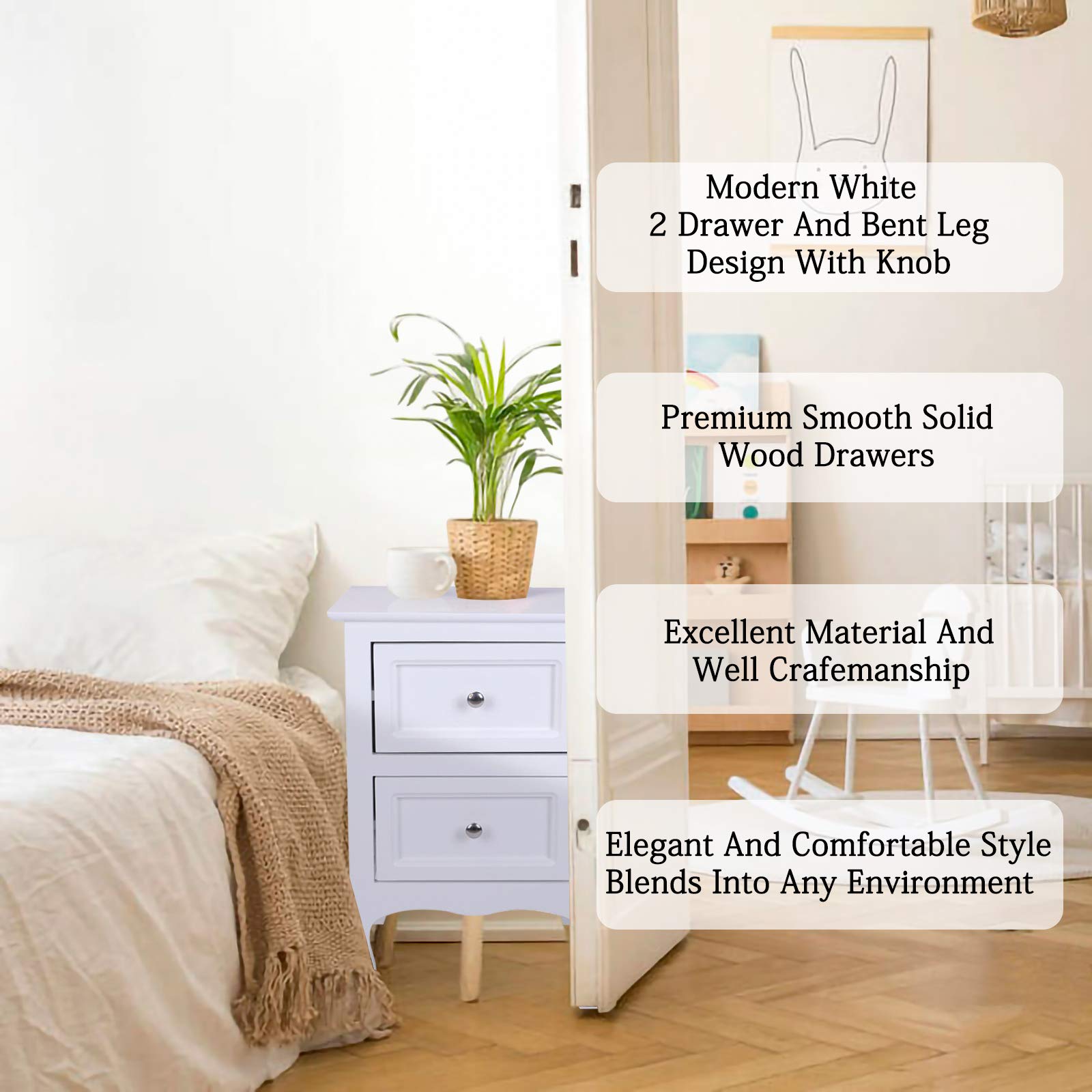White Wood Nightstand Set of 2 - 2 Drawer Bedside Table with Country Style Design - Solid Wood End Table for Bedroom, Living Room & Office - Perfect for Storage and Decor