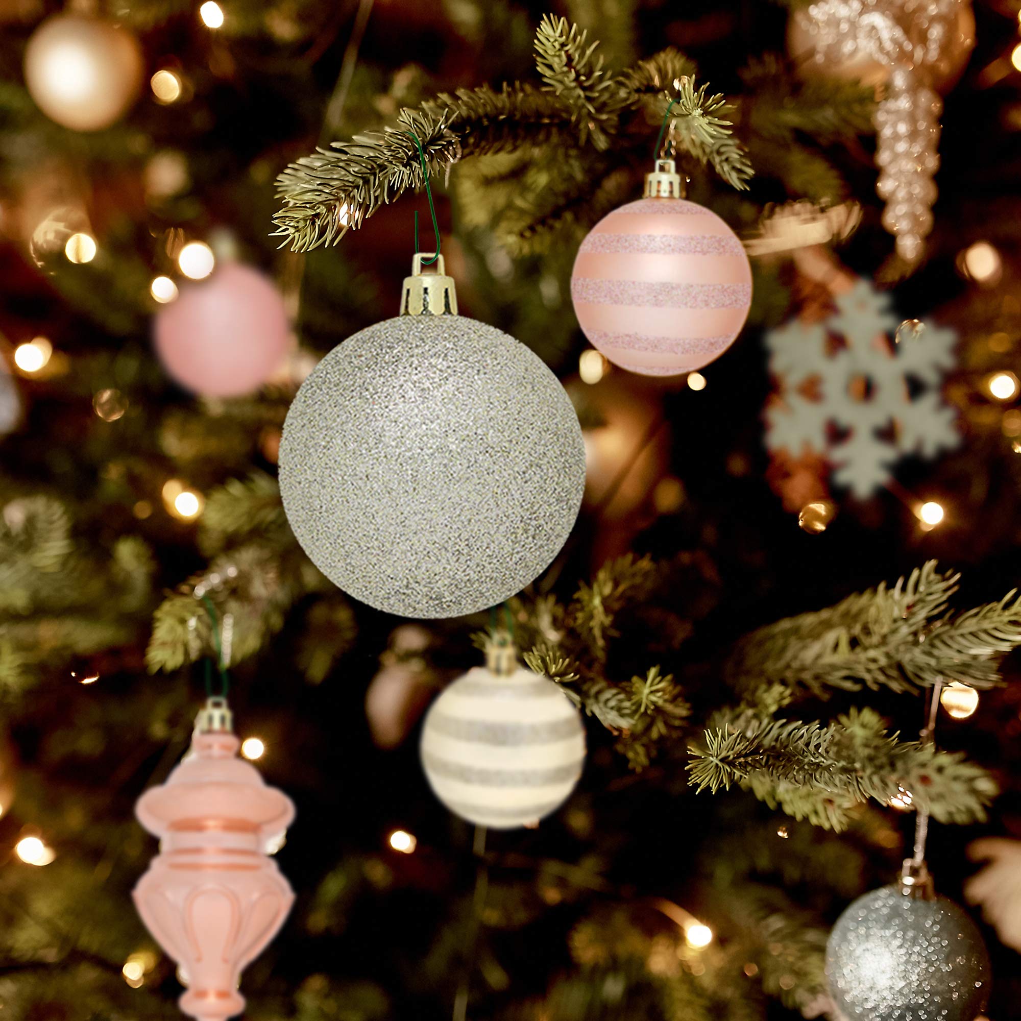 RN'D Christmas Snowflake Ball Ornaments Bulk Set - 76 Pcs Hanging Snowflake & Ball Decorations with Hooks in Yellow & Rose Gold for Holiday Tree Decor, Home Party, Winter Wedding, and Festive Gift Giving