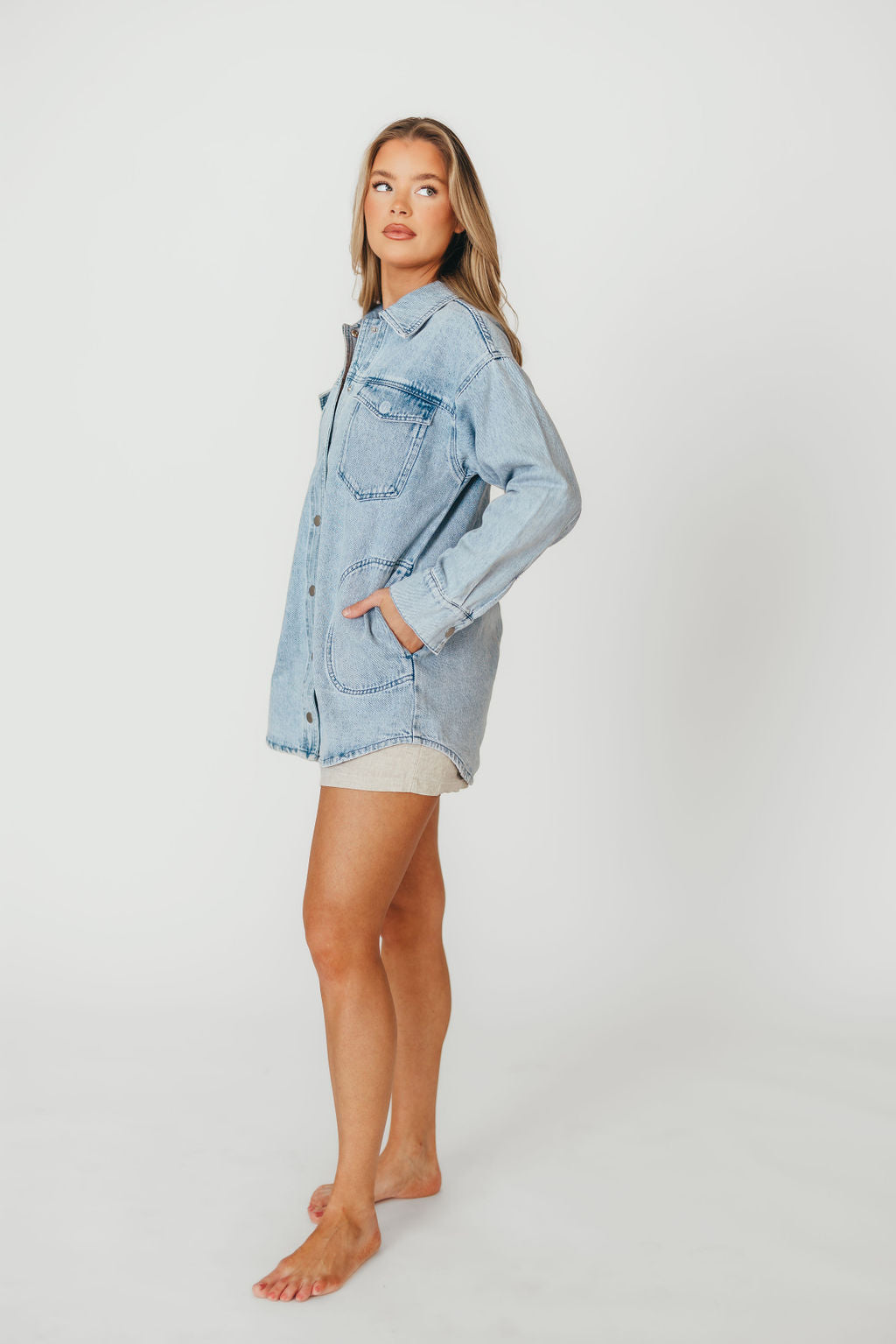 Meritt Longline Denim Jacket for Women - Light Wash Distressed Denim Coat | Casual Streetwear, Spring & Fall Layering Essential