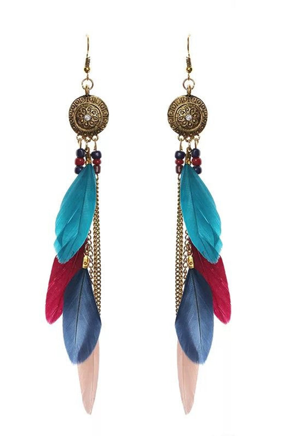 Vintage Chain Tassel Bohemian Feather Earrings for Women - Handmade Dangle Drop Earrings - Boho Chic Jewelry for Party, Festival, and Everyday Wear