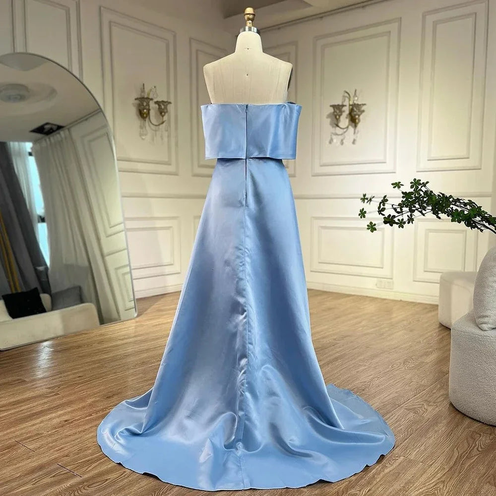 Elegant Blue Satin Mermaid Evening Dress with Beaded Detail & High Slit - Women's Formal Gown for Parties, Prom, Weddings & Special Occasions - Serene Hill Collection LA72458