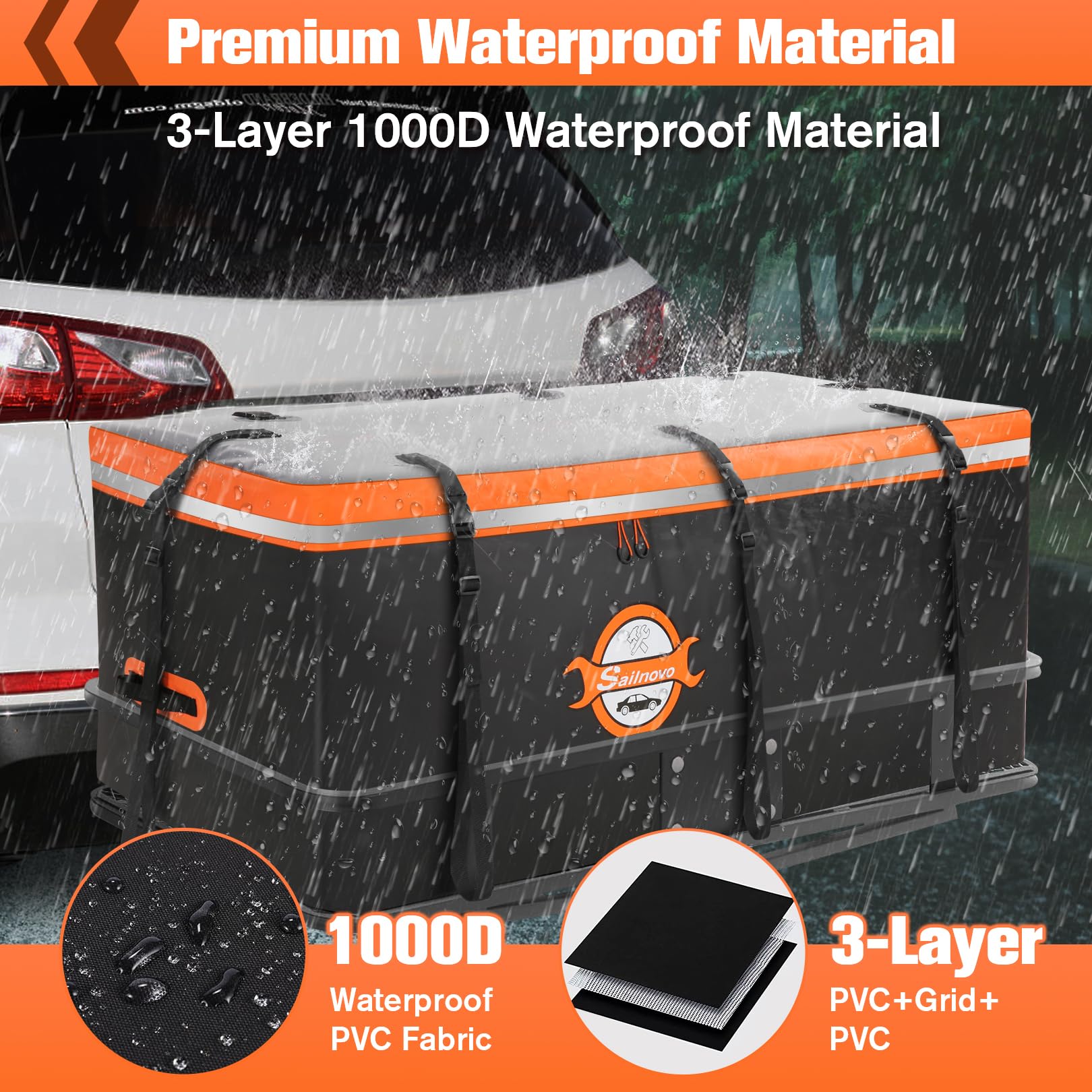 Sailnovo 20 Cubic Feet Waterproof PVC Hitch Cargo Carrier Bag - Heavy Duty with 8 Reinforced Straps, Combination Lock & Storage Bag - Perfect for Road Trips, Camping Gear & Outdoor Adventures