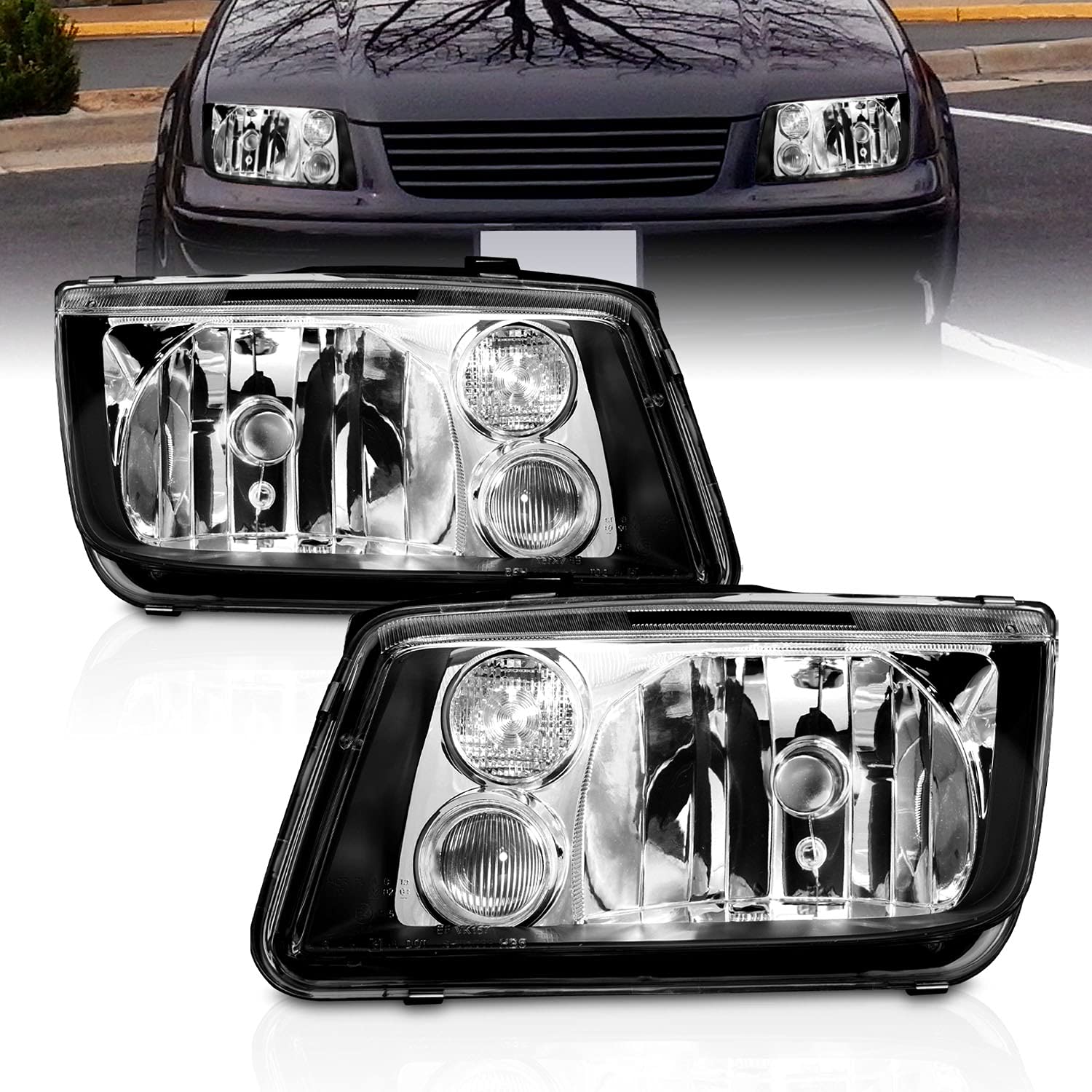 AmeriLite Black Housing Headlights & Fog Lights Pair for 1999-2005 Volkswagen Jetta - Driver & Passenger Side - Upgrade Your Night Driving Visibility