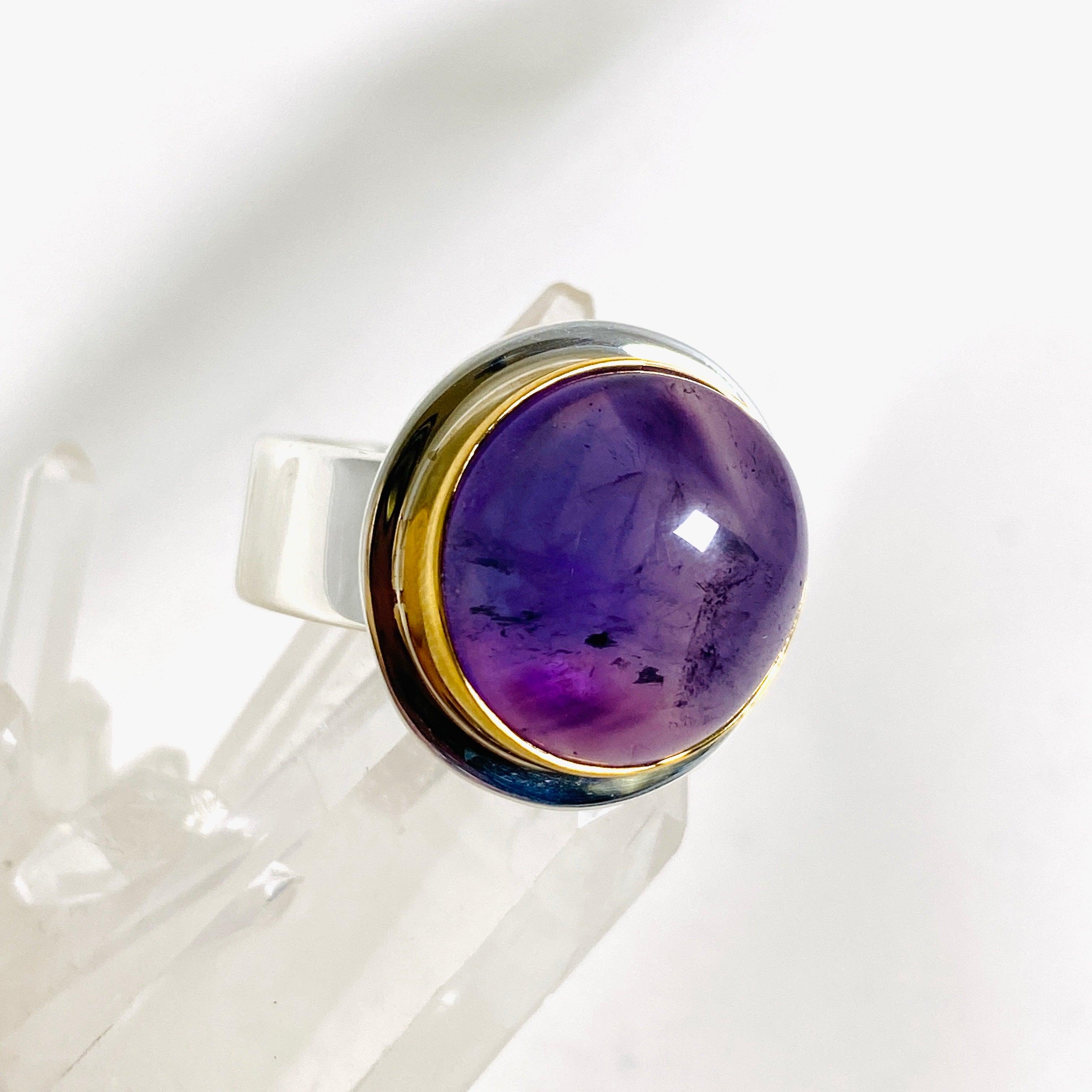Amethyst Round Ring with Brass Detailing - Size 11 - KRGJ2961 | Elegant Purple Gemstone Jewelry for Women, Perfect for Weddings, Parties & Everyday Wear
