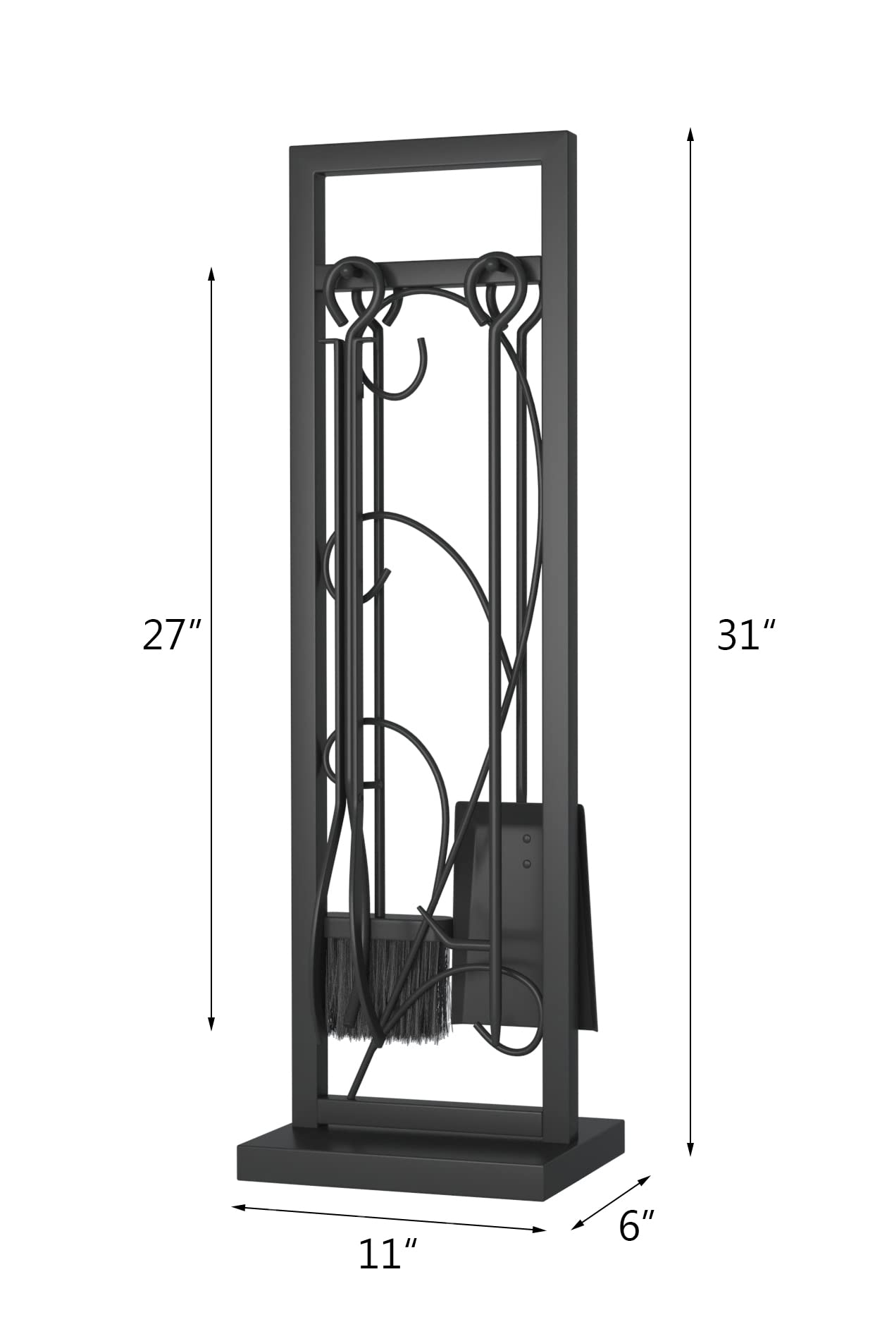 Lizh Metalwork 5-Piece Black Steel Fireplace Tool Set with Stand - Includes Poker, Tongs, Shovel & Brush - Durable Fireplace Accessories for Wood Stove, Fire Pit & Hearth Maintenance