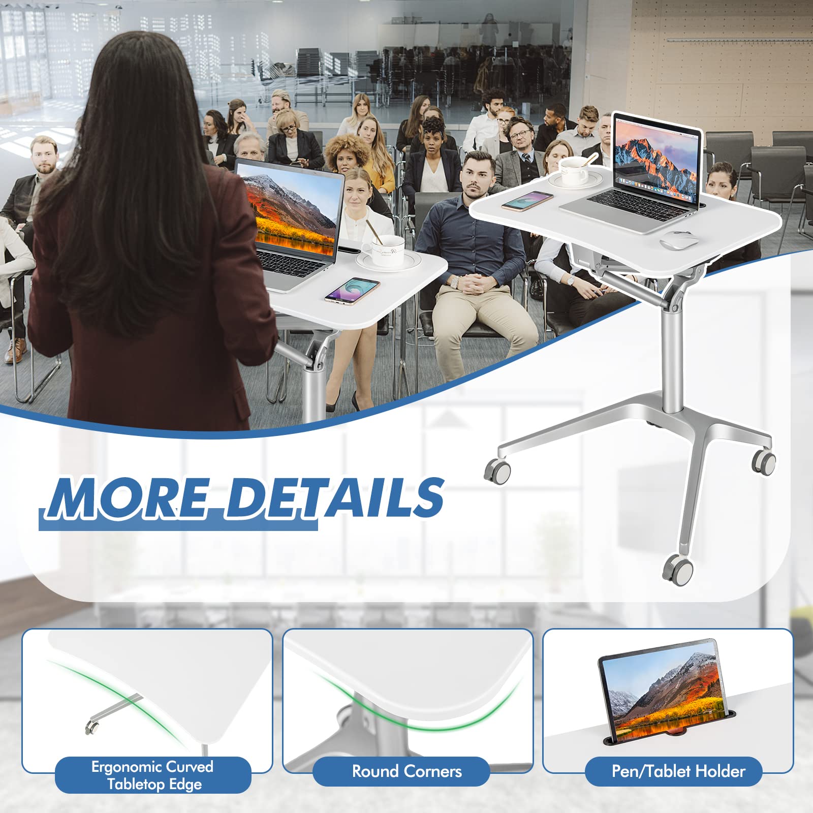 Tangkula Adjustable Mobile Standing Desk with Pneumatic Lift - Portable Sit Stand Laptop Table with Tablet Holder & 4 Wheels - Rolling Lectern Podium for Home Office, Classroom & Conference Room - Perfect for Remote Work, Online Teaching & Presentations