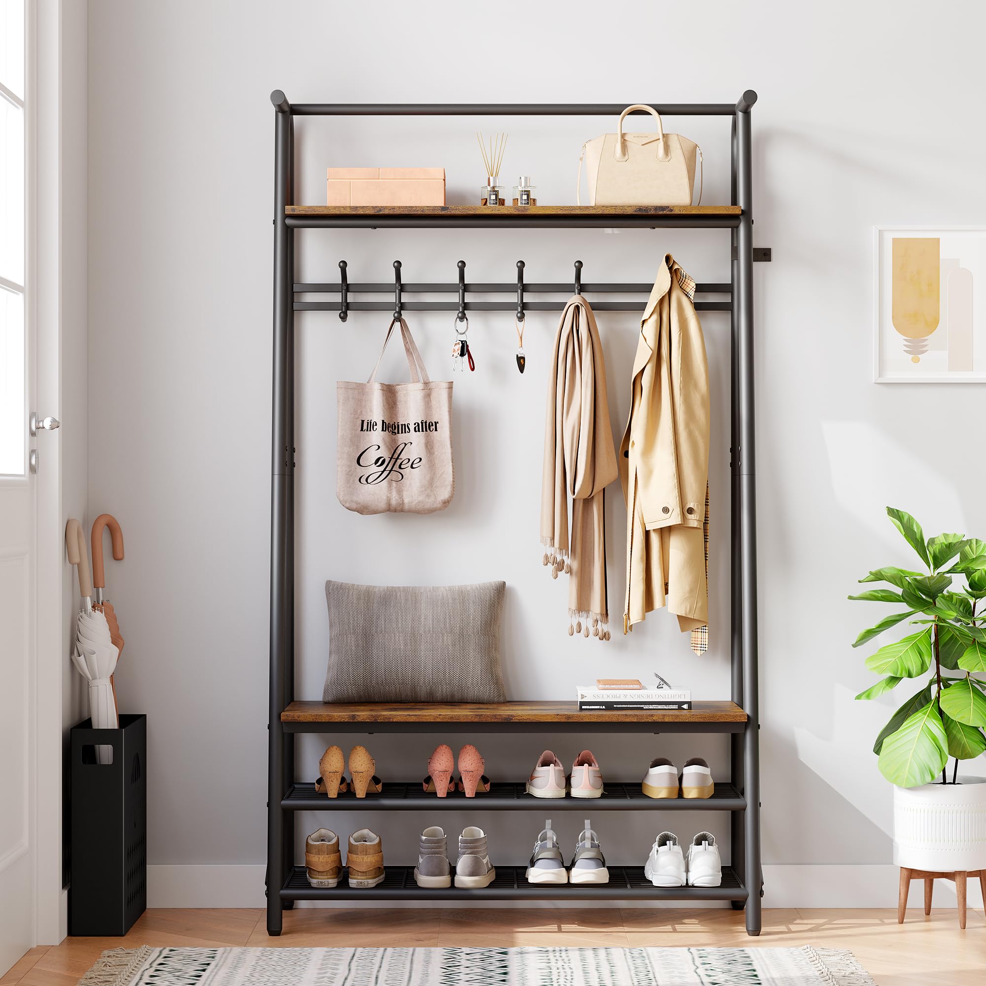 6-Hook Wood Look Coat Rack Shoe Bench with Storage | Multifunctional Entryway Hall Tree Organizer | Metal Frame Accent Furniture for Hallway (39.4 Inch) | Perfect for Small Spaces, Apartments & Home Entry Organization