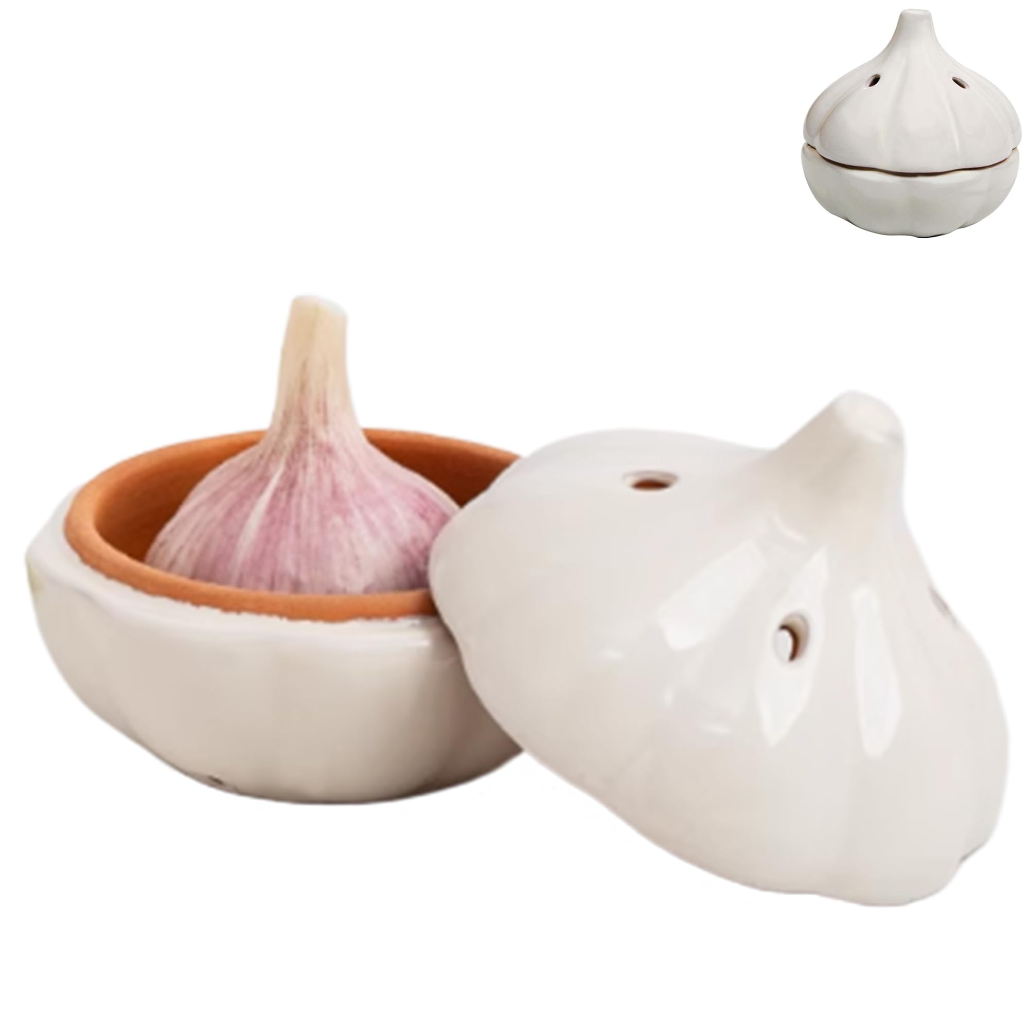 Ceramic Garlic Keeper Storage Jar - Breathable Garlic Holder Container for Countertop, Kitchen Organizer to Keep Garlic Cloves Fresh Longer | Perfect for Home Cooking, Meal Prep & Pantry Organization