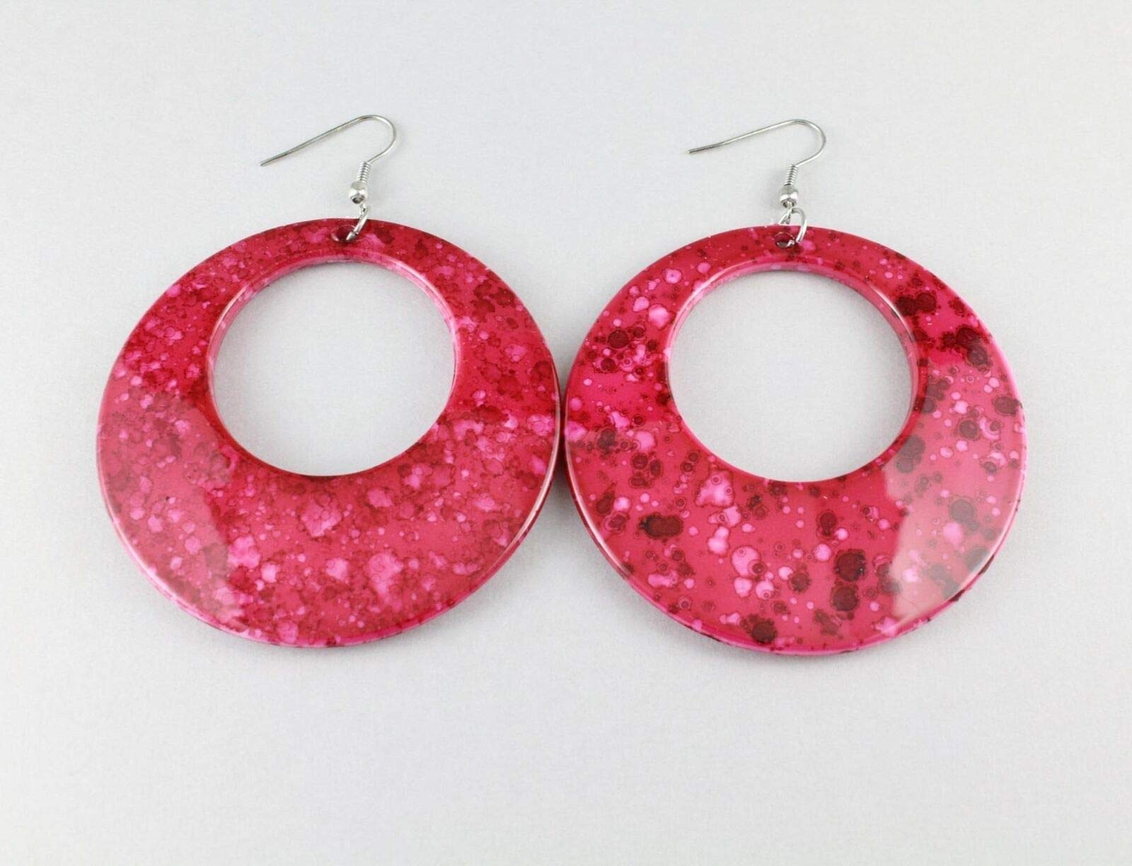 Pink Plastic Dangle Earrings for Women - Marbled Pattern Circle Hoop Earrings Set (3 3/8