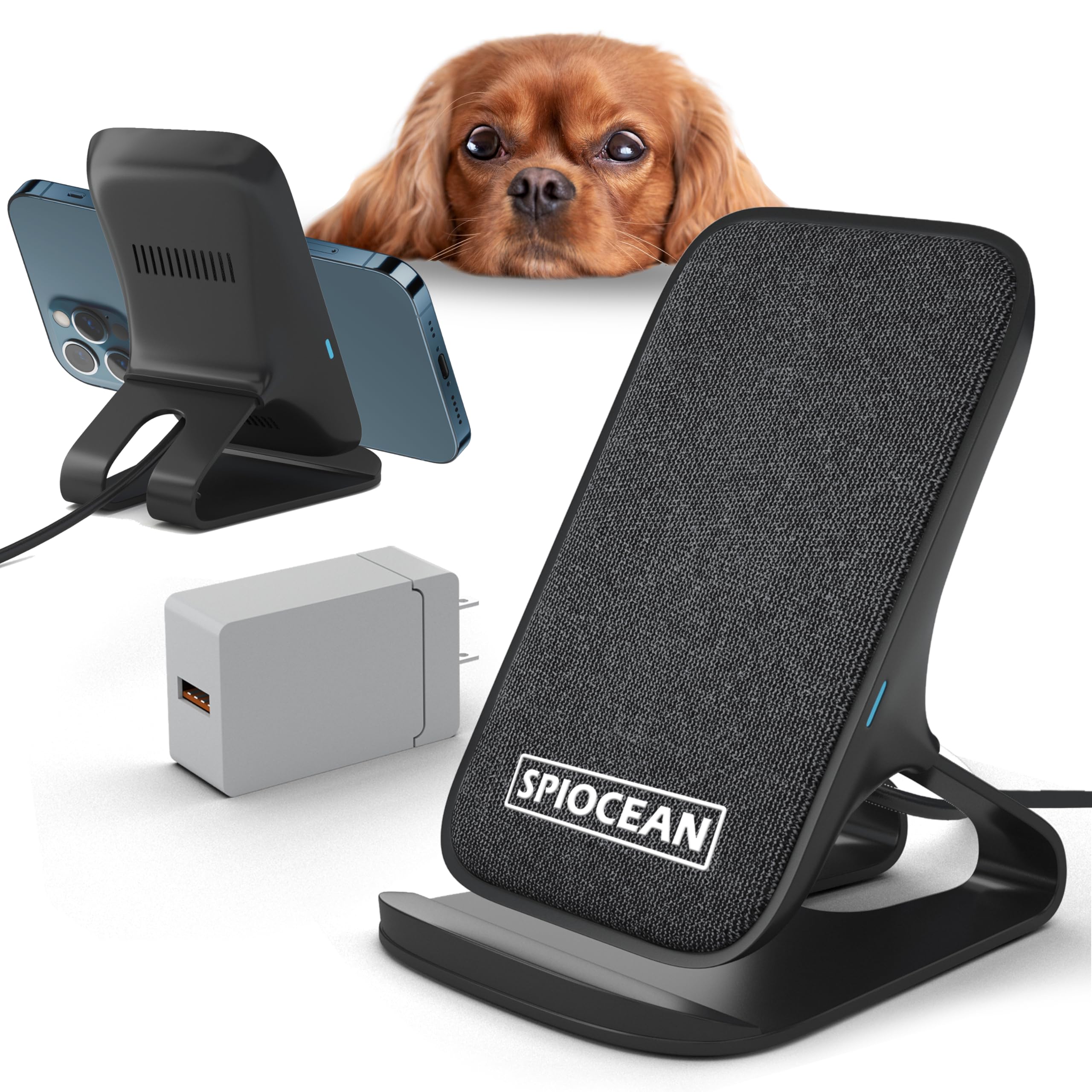 SPIOCEAN Fast Wireless Charger Stand - Qi-Certified 10W Max Charging Pad for iPhone 16/15/14/13/12/11 Series, Samsung Galaxy S22/S21/S20/S10/S9/Note 20 - Includes QC3 Adapter - Perfect for Home, Office and Nightstand Charging
