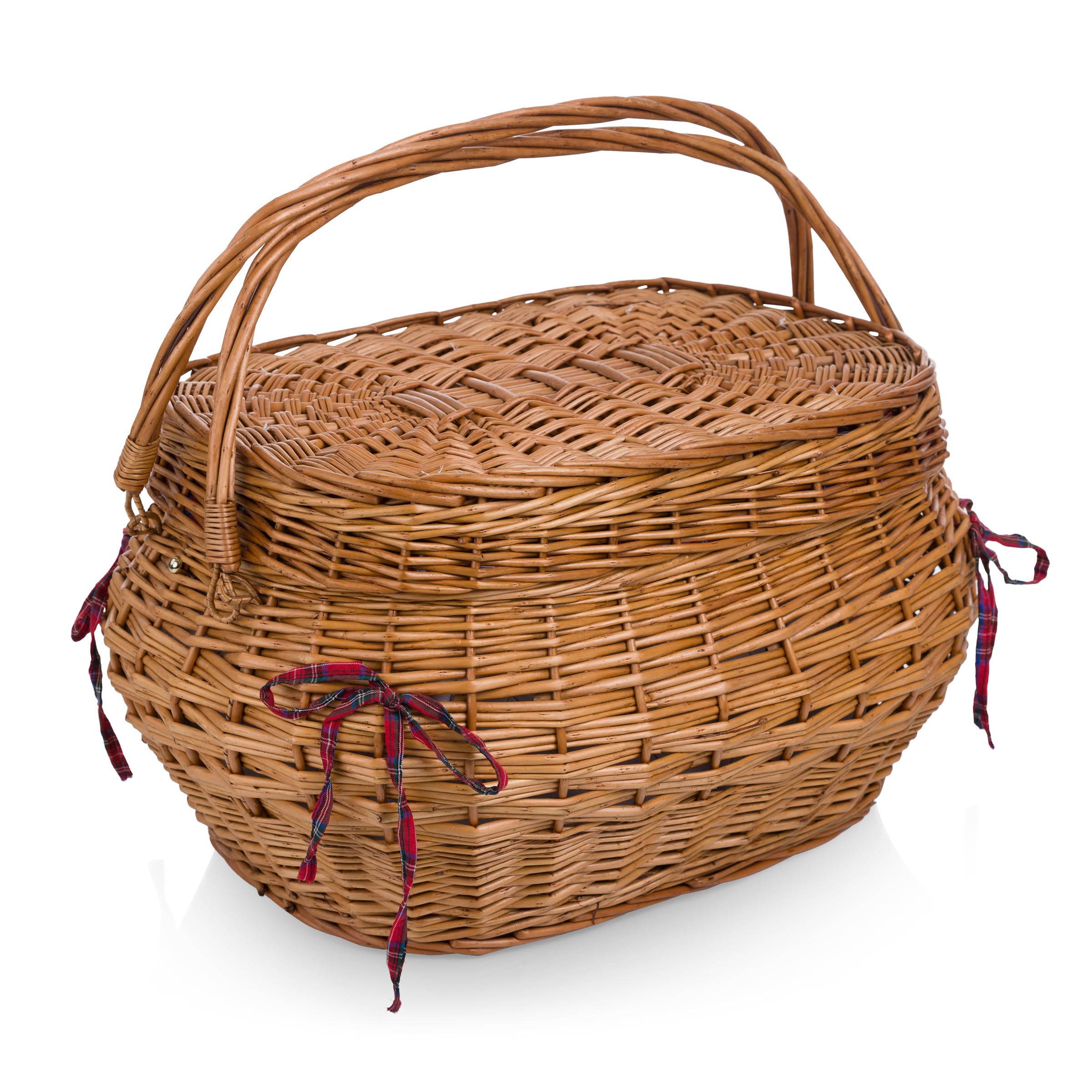 Highlander Picnic Basket with Red & Blue Tartan Pattern - Insulated Outdoor Picnic Hamper for Camping, Beach, Park & Romantic Dates