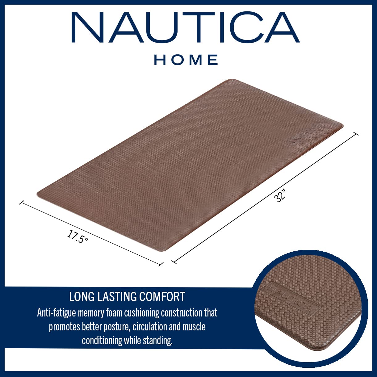 Nautica Anti-Fatigue Kitchen Mat - Non-Slip Waterproof Floor Mat for Cooking & Standing Comfort - 17.5