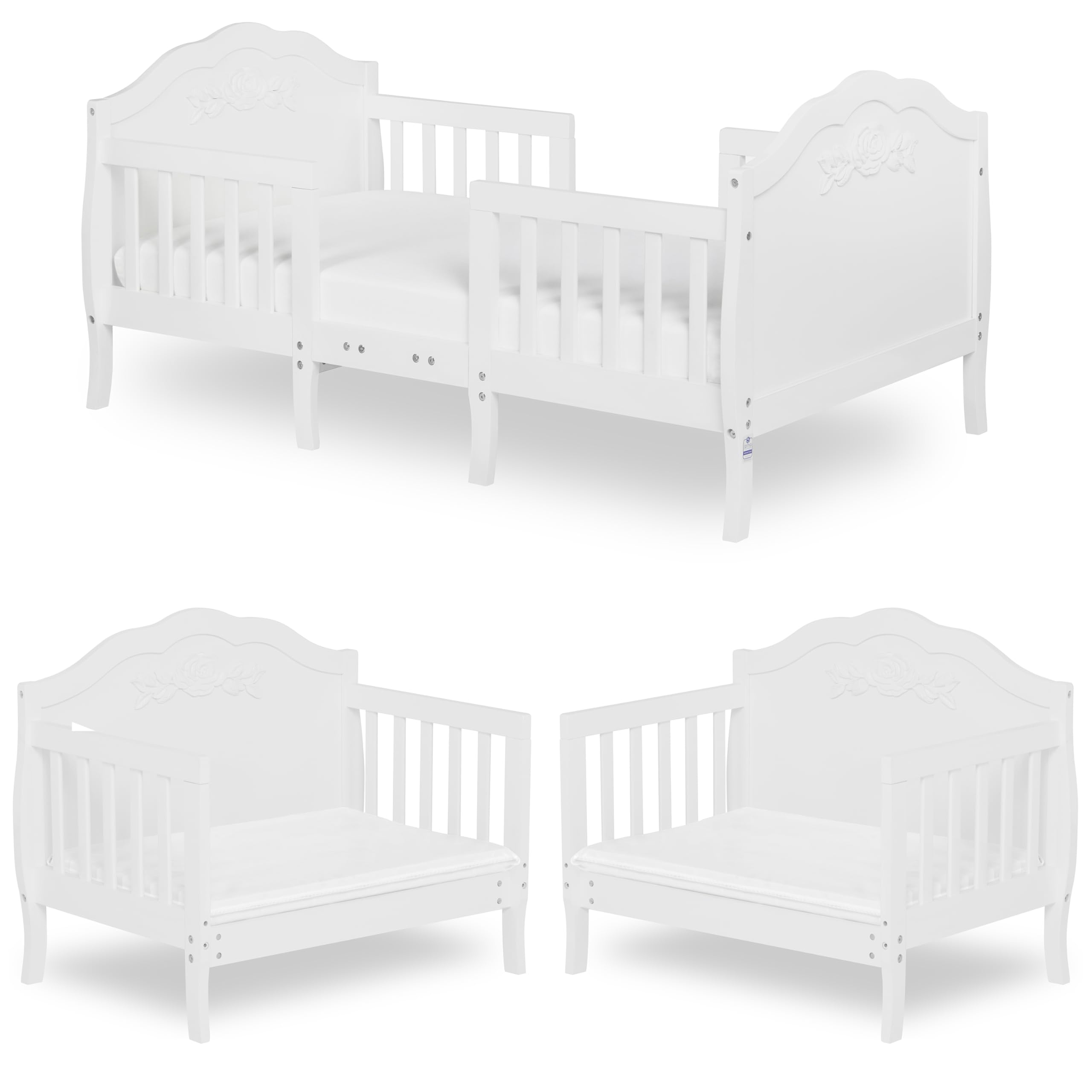 White Rose 3-in-1 Convertible Toddler Bed - Greenguard Gold & JPMA Certified with Safety Rails | Sustainable New Zealand Pinewood | Perfect for Nursery, Daycare & Small Kids' Rooms