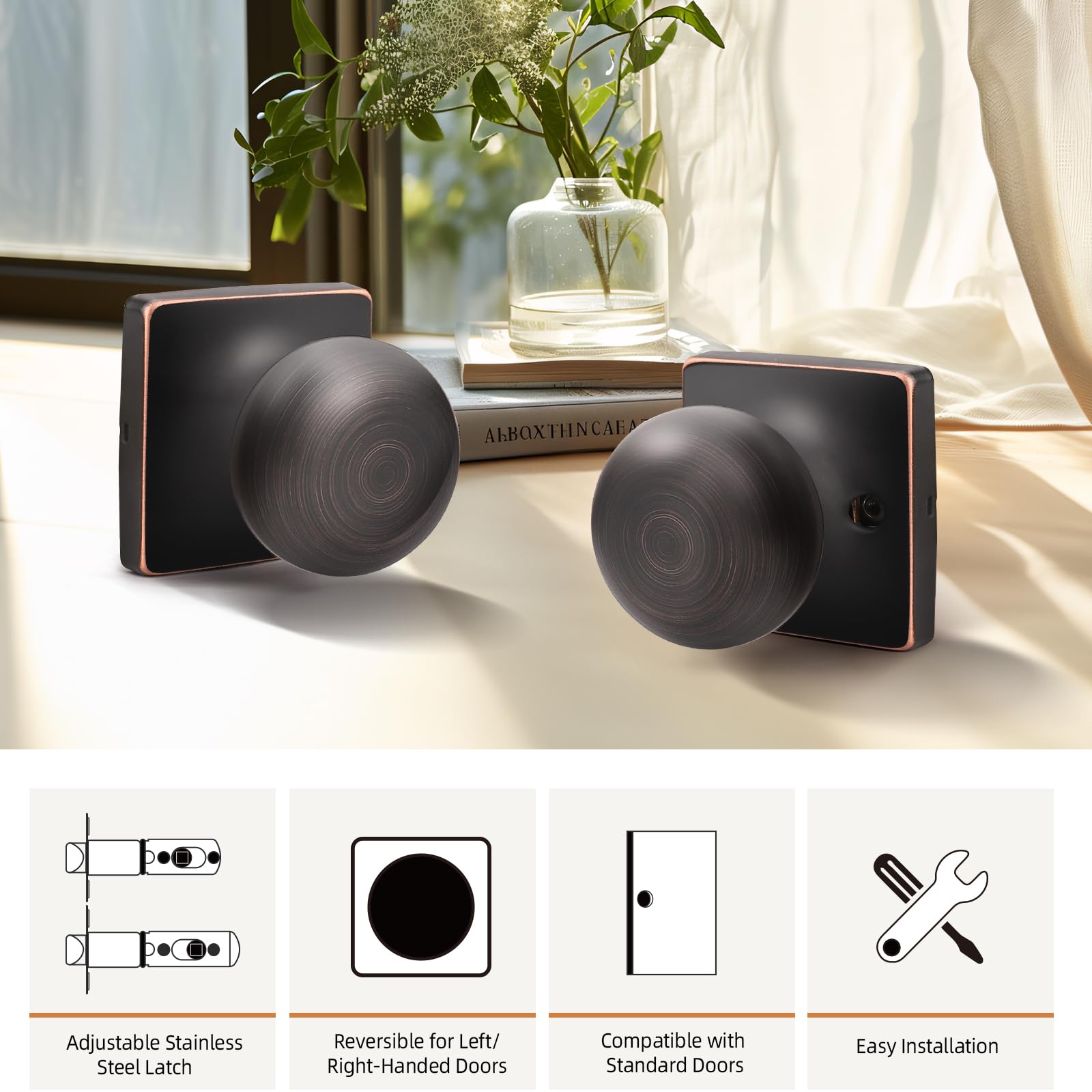 GOBEKOR 3 Pack Keyless Passage Door Knobs - Oil Rubbed Bronze Interior Door Knob with Lock, Stainless Steel Round Knob for Hallway, Bedroom & Closet - Easy Installation & Smooth Operation