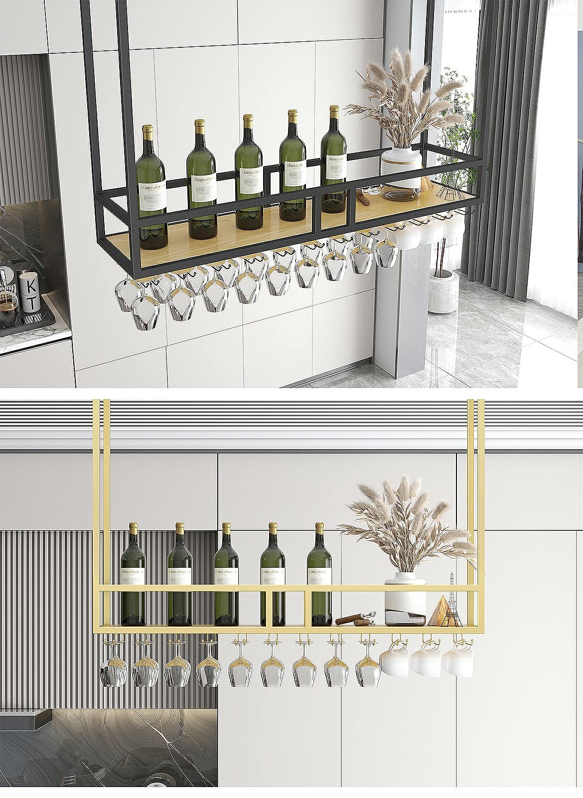 Ceiling Mount Shelf Bracket - Floating Wine Rack with Stemware Glass Shelf, Hanging Storage Shelves for Kitchen, Bar & Home Decor - Display Glasses, Plants & Decorative Items