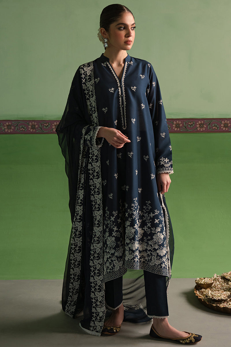 Insignia Blue 3 Piece Chikankari Suit Set - Traditional Indian Embroidered Kurti with Dupatta & Pants | Perfect for Weddings, Festivals & Ethnic Occasions