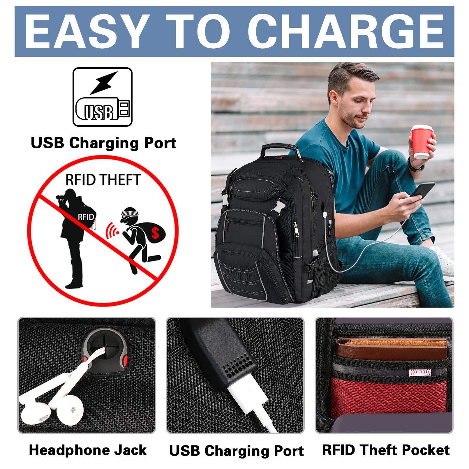 **18.4 Inch Large Laptop Backpack for Men & Women - 60L Extra Large Gaming Backpack with USB Charging Port, TSA Approved, RFID Anti-Theft Pocket, Durable Travel & Work Computer Bag (21.2x15.5x11.5 Inch, Grey) - Perfect for Business Trips, College, Commuting & Air Travel**