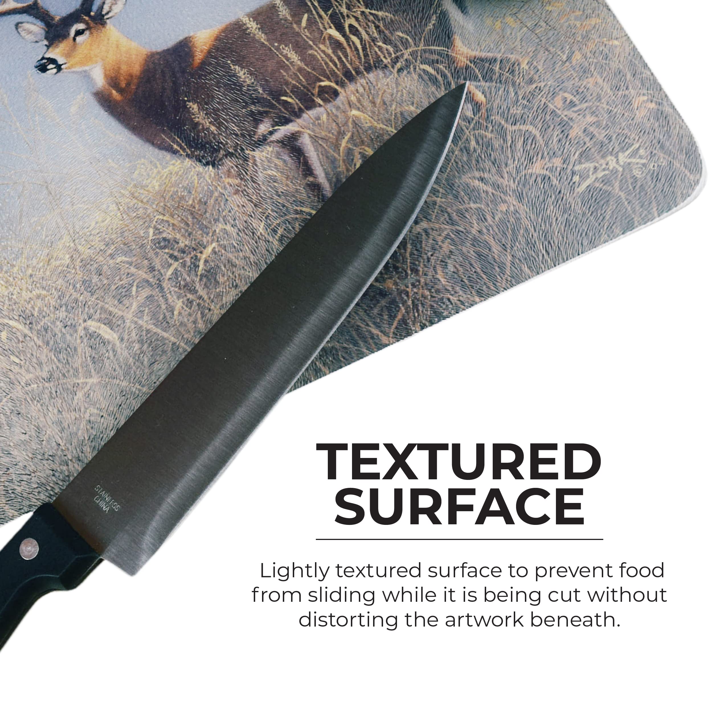 Rivers Edge Products 12x16 Inch Decorative Tempered Glass Cutting Board - Hypoallergenic Non-Slip Textured Surface Chopping Board for Kitchen - White Tail Deer Morning Fog Design - Perfect for Meal Prep, Charcuterie & Holiday Entertaining