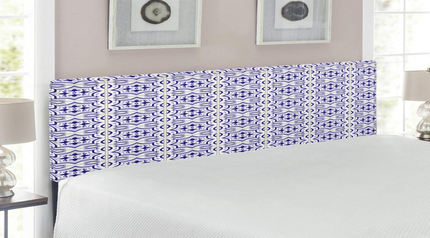 Ambesonne Navy Blue Upholstered Headboard - Traditional Portuguese Azulejo Tile Design, Retro Mosaic Pattern, King Size Bed Headboard with Memory Foam in Violet Blue & Grey | Perfect for Master Bedroom, Guest Room & Bohemian Home Decor