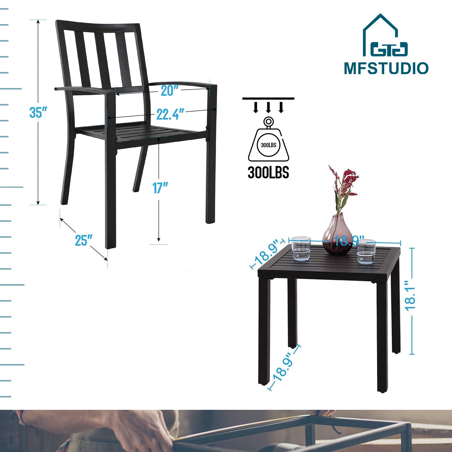 MFSTUDIO 3-Piece Black Wrought Iron Patio Bistro Set - Outdoor Dining Furniture with 2 Metal Chairs & Coffee Table for Yard, Garden, Balcony or Poolside Relaxation