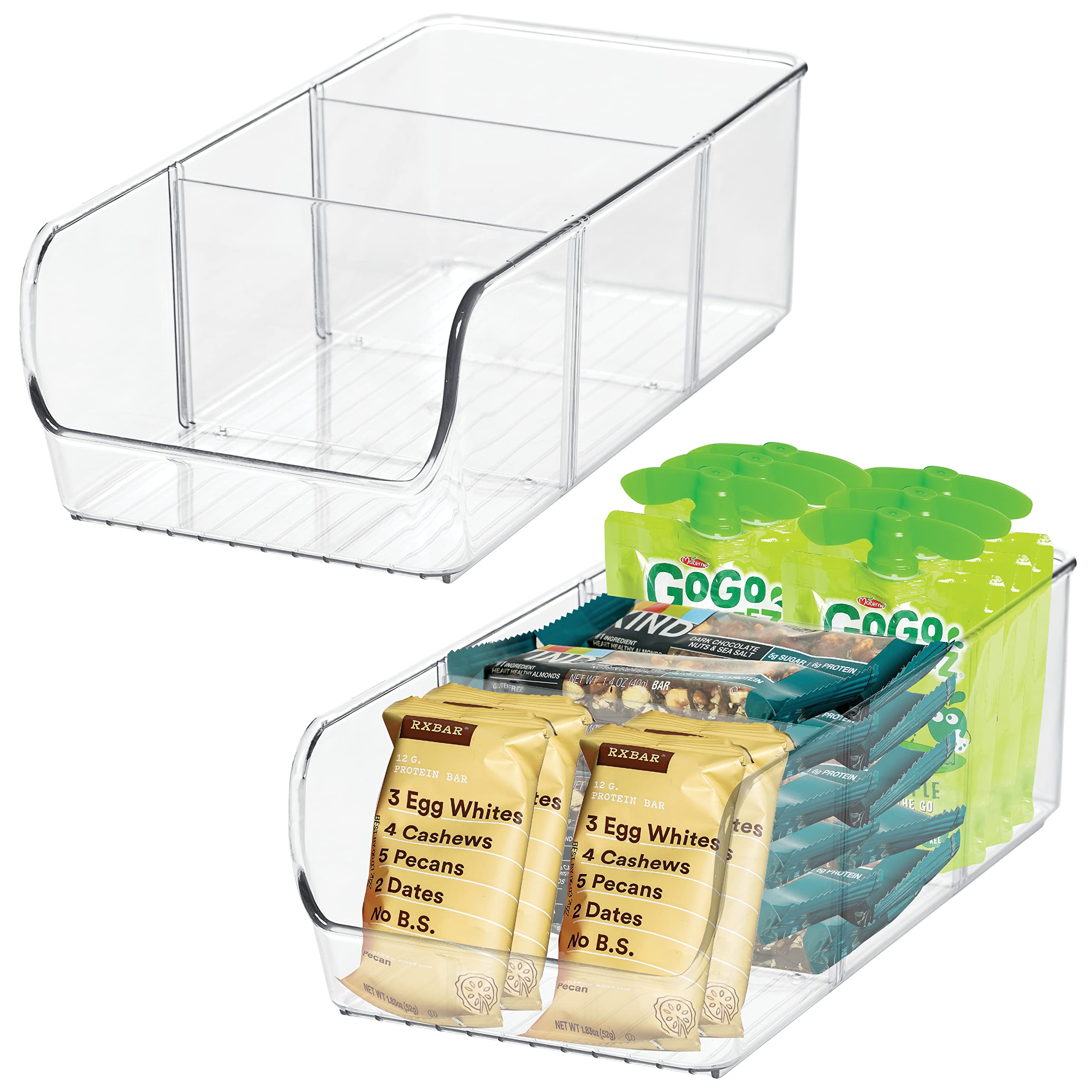 Adjustable Snack Organizer Bins - 2 Pack Clear Acrylic Cabinet Storage Containers with Removable Dividers for Pantry & Kitchen Organization - Perfect for Organizing Snacks, Spices, and Small Items in Home or Office