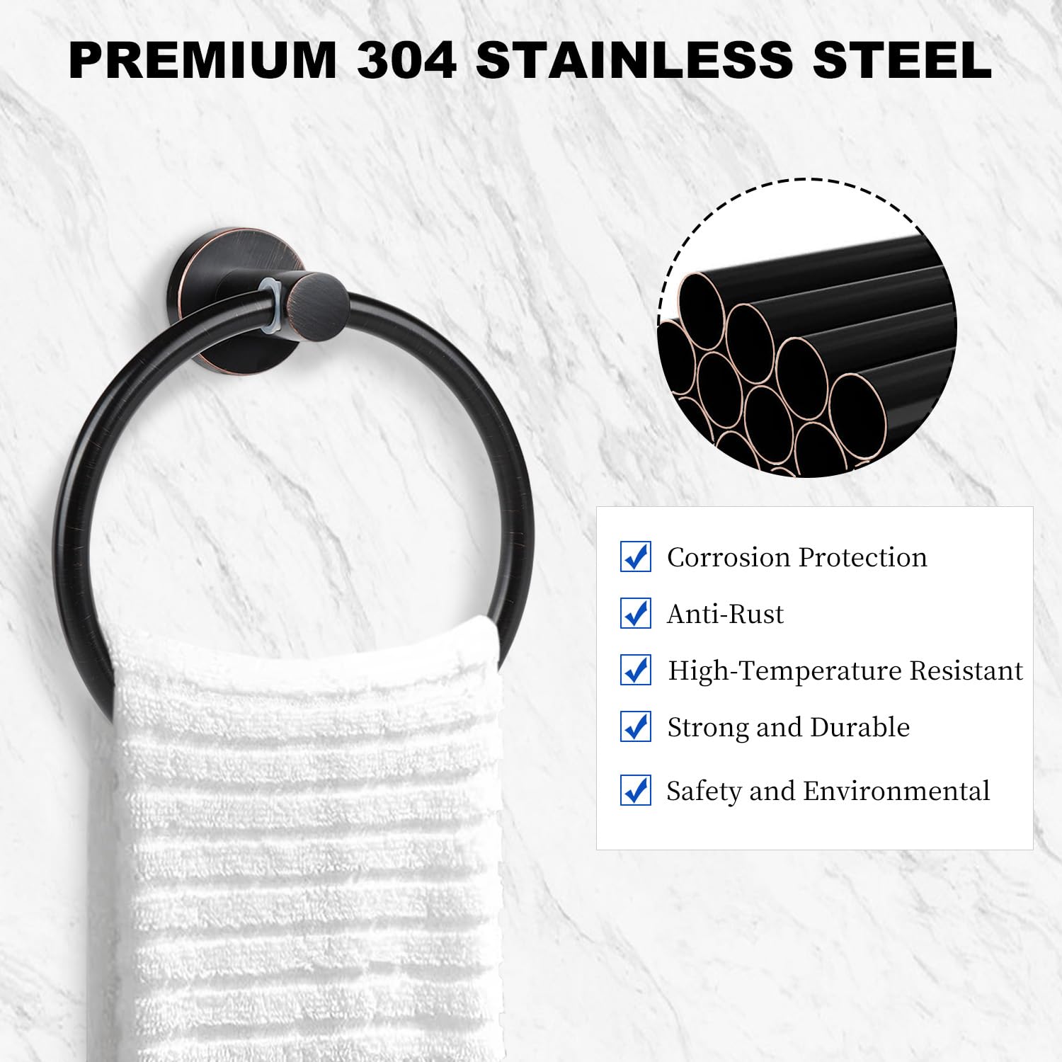 Oil Rubbed Bronze Towel Ring - SUS304 Stainless Steel Bathroom Towel Holder - Wall Mounted Hand Towel Rack for Bathroom - Durable Bath Hardware Accessories - Perfect for Spa, Guest Bath, and Luxury Home Decor