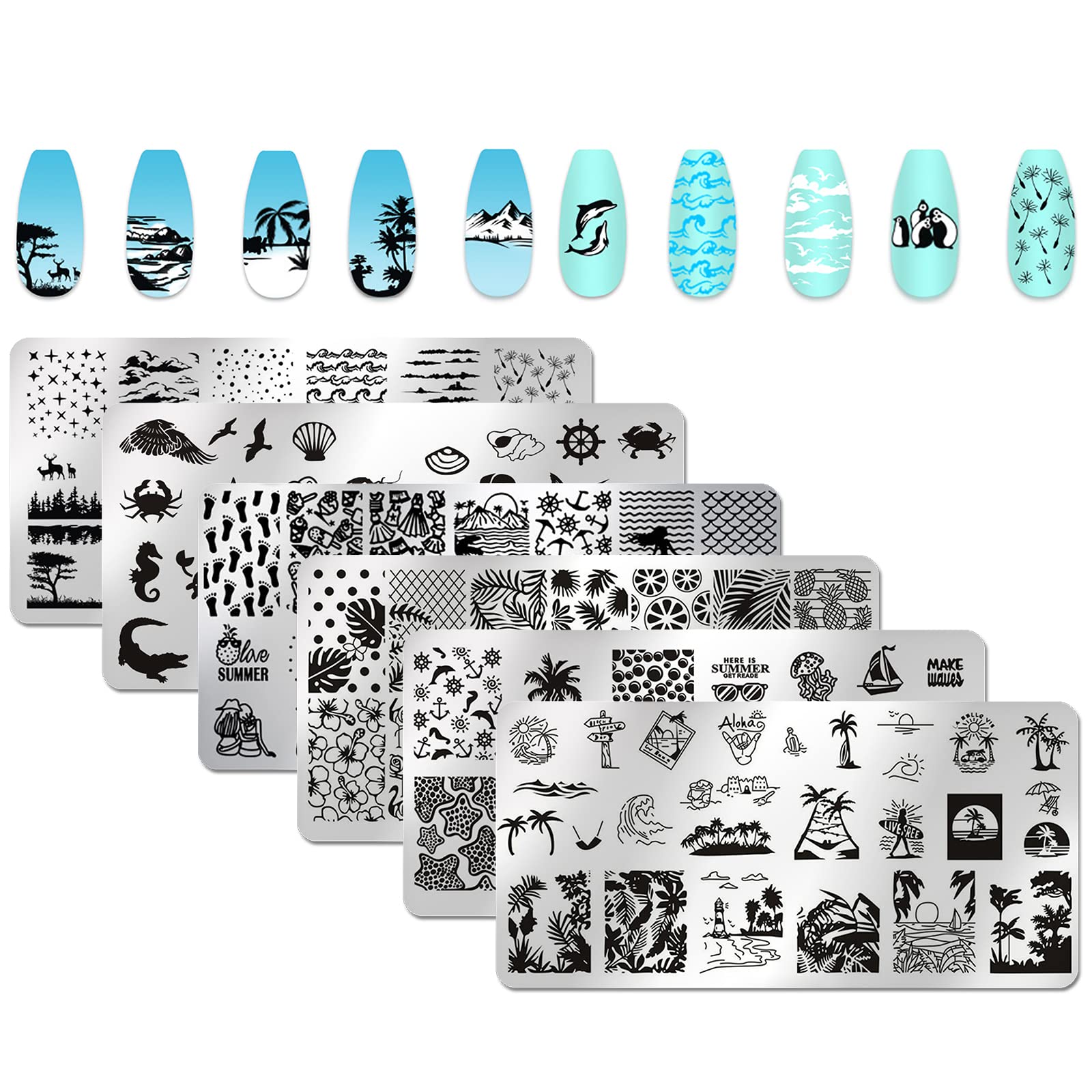 6-Piece Summer Beach Nail Stamping Kit with Seaside Scenery Designs - Coconut Trees, Sunset Waves, Sea Animals - DIY Nail Art Plates for Manicure & Pedicure - Perfect for Summer Vacations, Beach Parties & Nail Salon Use
