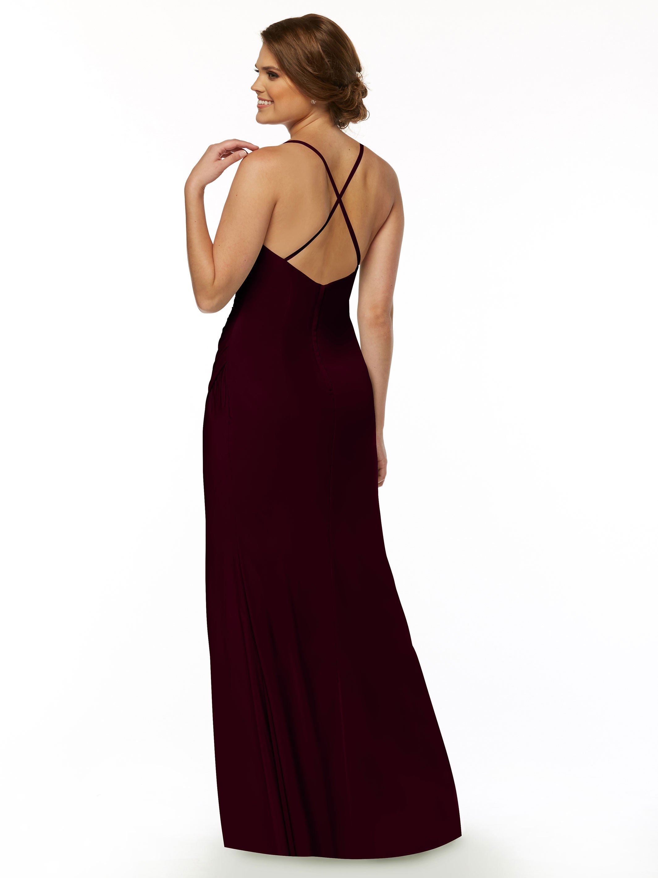 Elegant 80114 Stretch Chiffon Sheath Bridesmaid Dress with Ruching & High Slit - Perfect for Weddings, Formal Events & Evening Parties