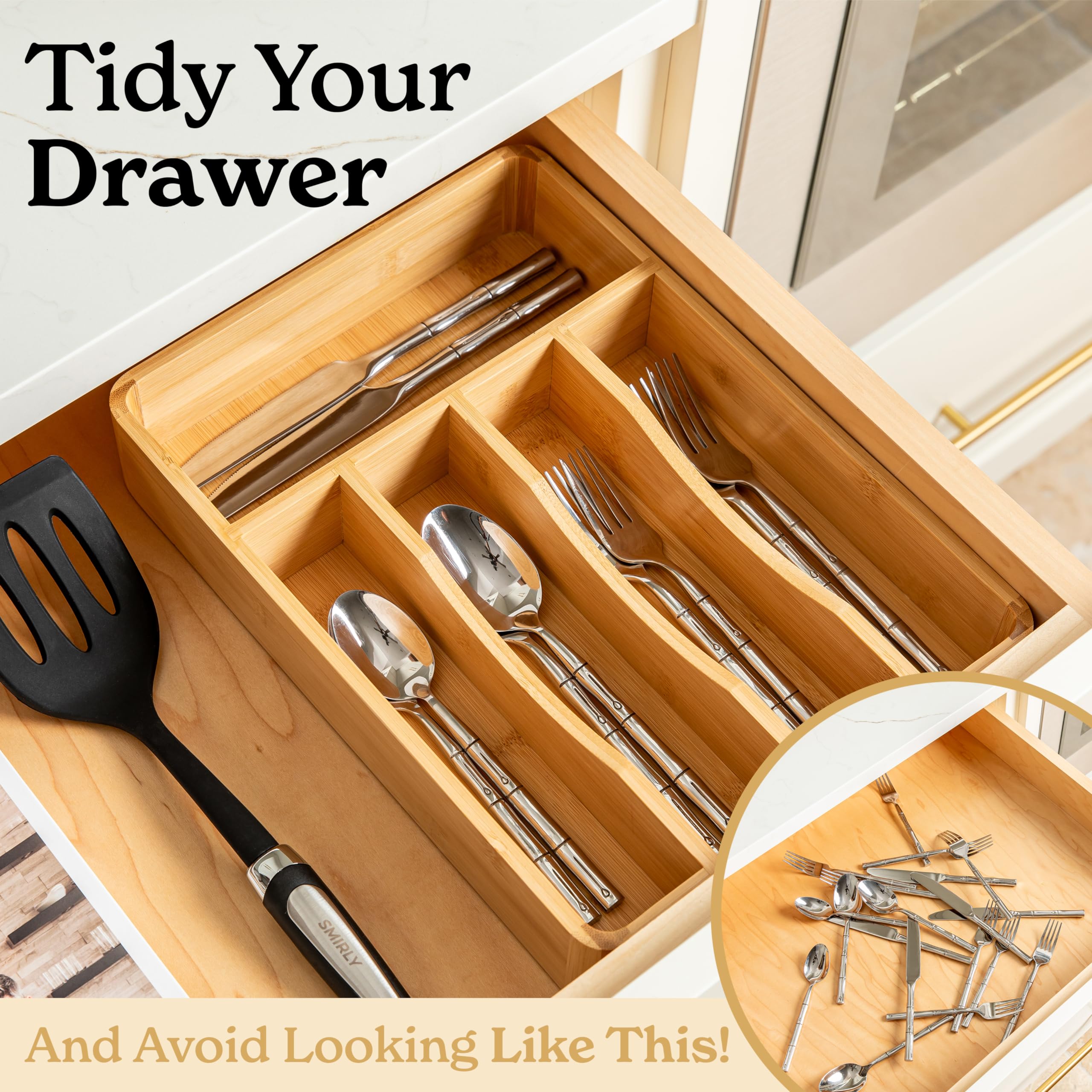 SMIRLY Bamboo Kitchen Drawer Organizer - Silverware & Utensil Tray for Knives, Forks, Spoons - Perfect for Kitchen Drawer Organization & Storage