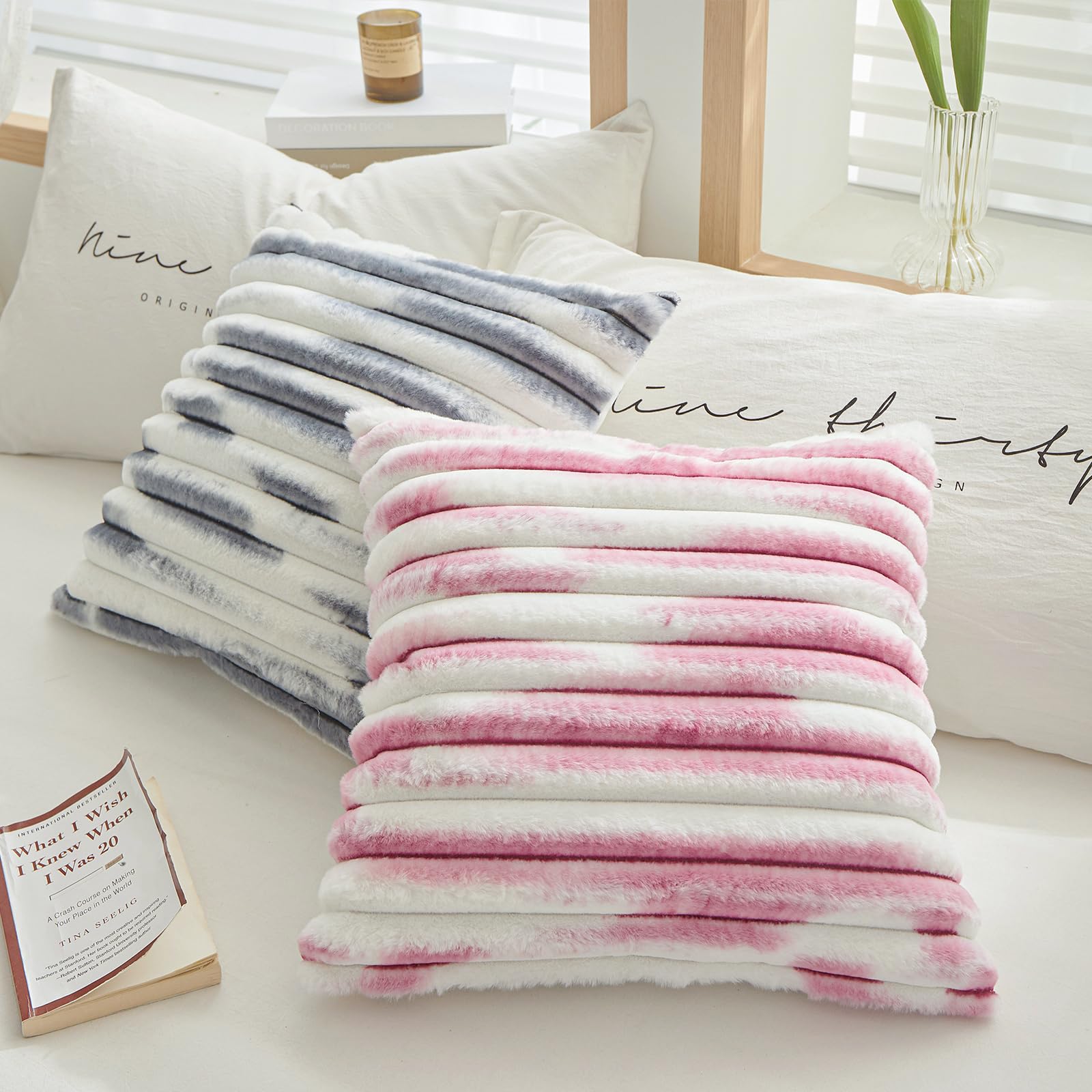 Luxury Faux Fur Plush Striped Throw Pillow Covers Set of 2 - 18x18 Inch Soft Cozy Decorative Cushion Covers for Living Room, Bed, Sofa - Blush Pink Gradient - Perfect for Home Decor, Gifts & Cozy Winter Nights