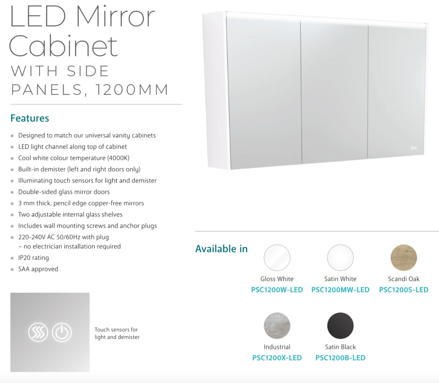 Fienza PSC1200S 47-inch LED Bathroom Mirror Cabinet with Touch Control - Modern Scandi Oak Finish - Perfect for Vanity, Makeup & Small Space Storage