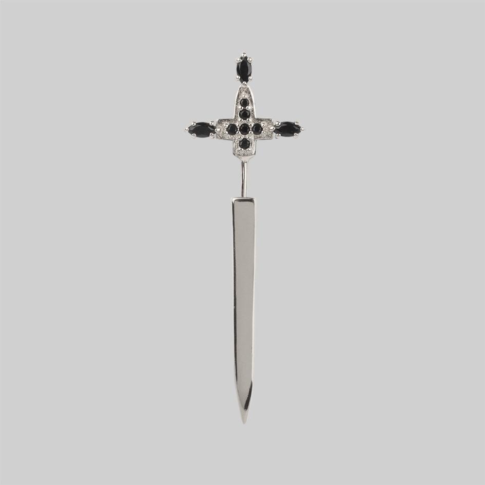 Black Spinel Silver Dagger Single Earring for Women - Gothic Punk Jewelry for Halloween, Cosplay, and Night Out Accessories