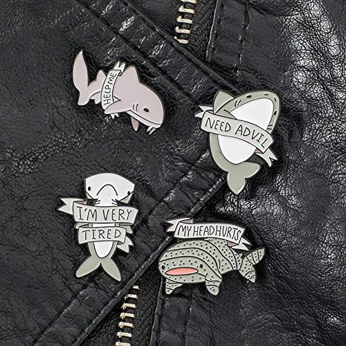 4Pcs Cute Cartoon Enamel Pin Set - Punk Brooches Lapel Pins for Women Girls Kids | Costume Decoration, Clothing & Bag Accessories | Shark Design | Perfect for DIY Crafts, Gifts & Fashion Outfits