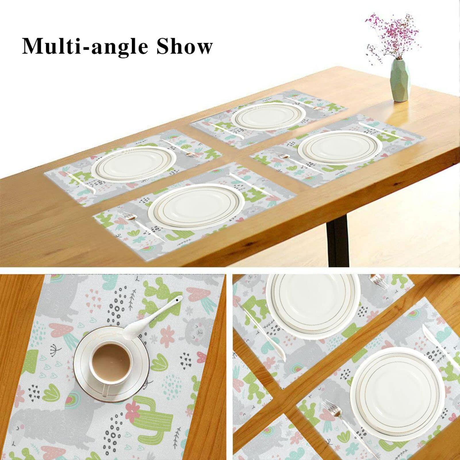 Stylish Llama Cactus Placemats Set of 4 - Washable & Heat-Resistant 12x18 Inch Alpaca Plant Table Mats for Kitchen & Dining Decor | Perfect for Family Dinners, Parties, and Home Decor