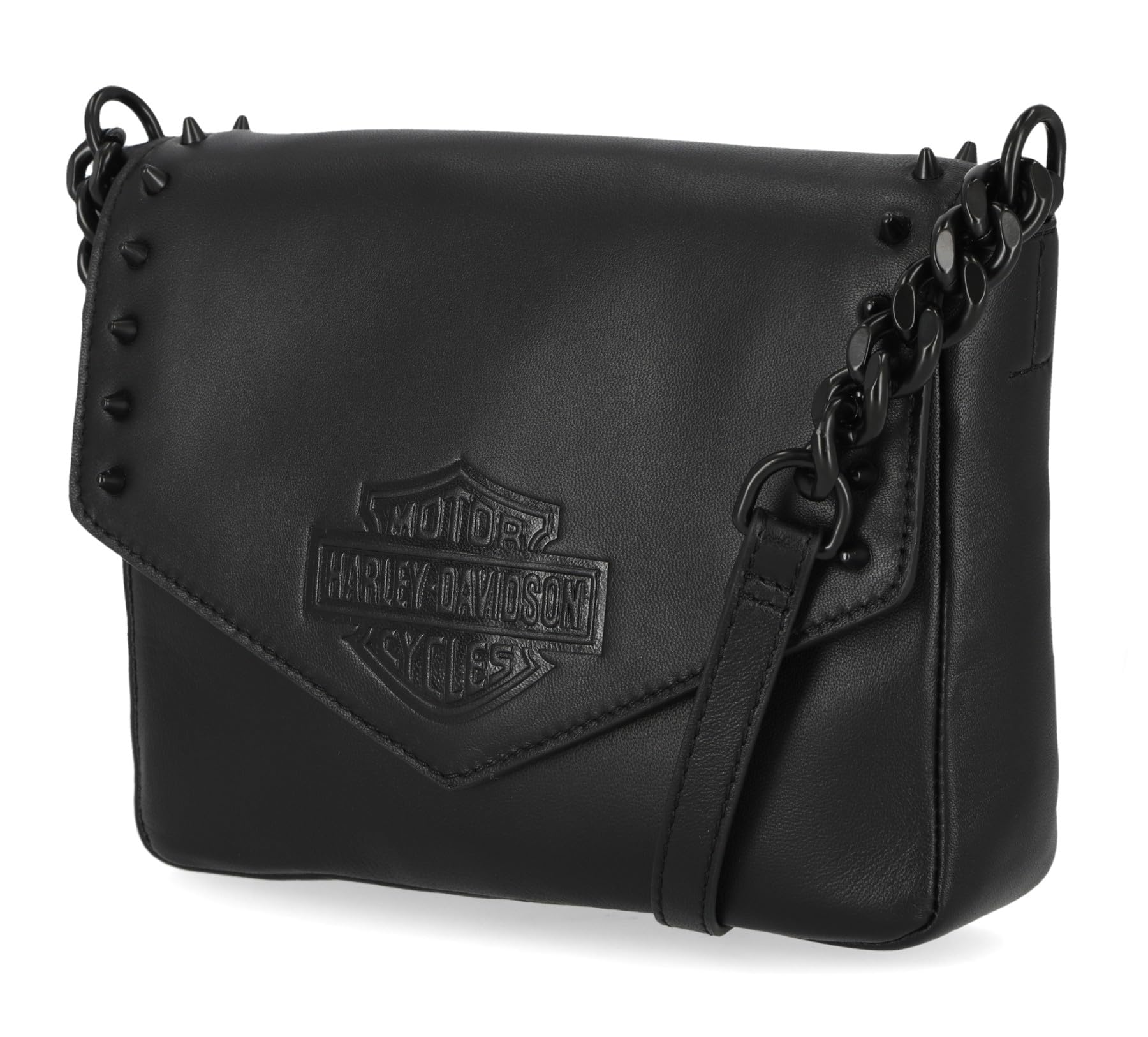 Harley-Davidson Women's Bar & Shield Cone Stud Flap Crossbody Purse - Black Leather Biker Bag for Motorcycle Riding & Casual Outfits