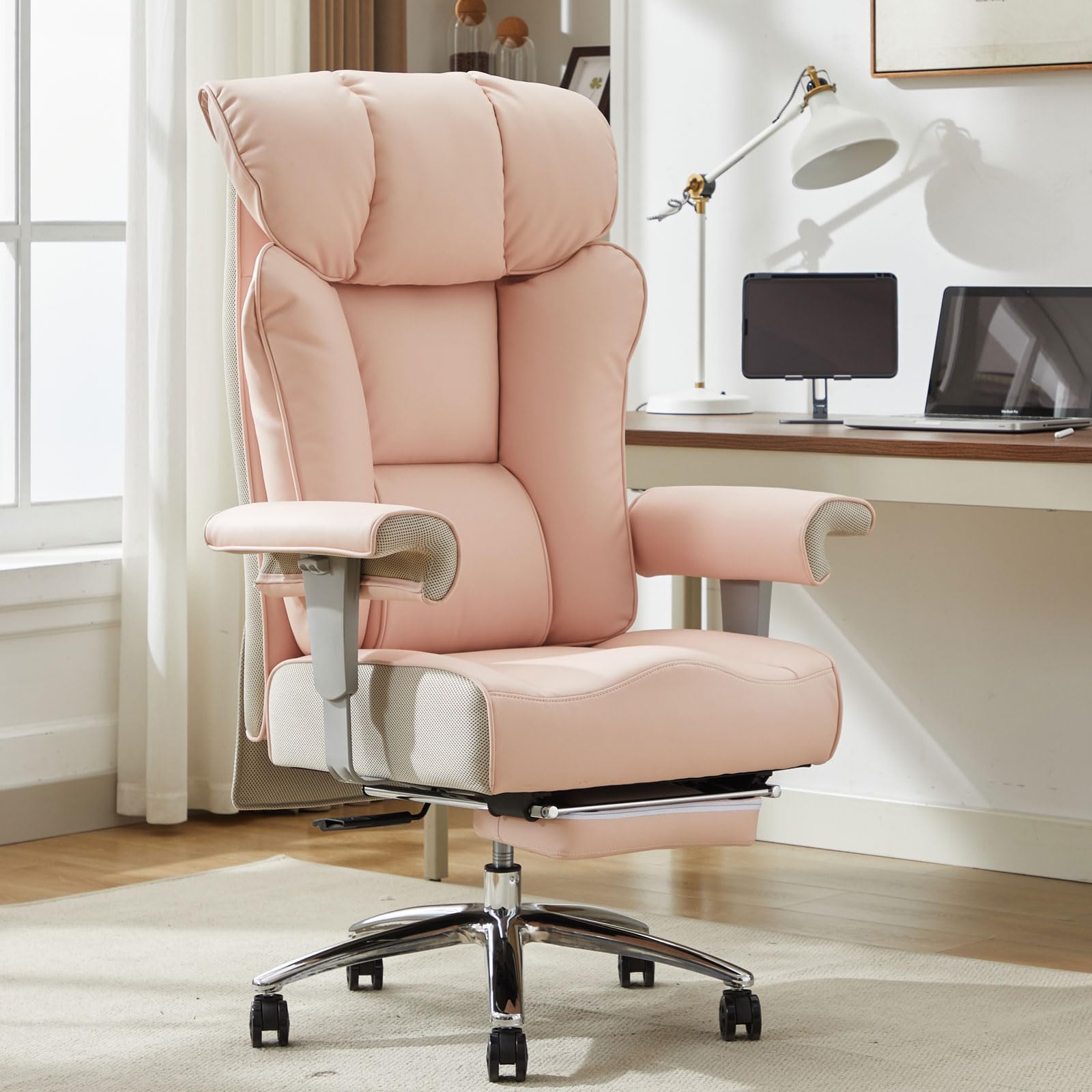 Efomao Big and Tall Office Chair 450lbs - Heavy Duty Ergonomic Executive Computer Chair with Footrest & High Back - Premium PU Leather Pink Office Chair for Home & Office Workspaces