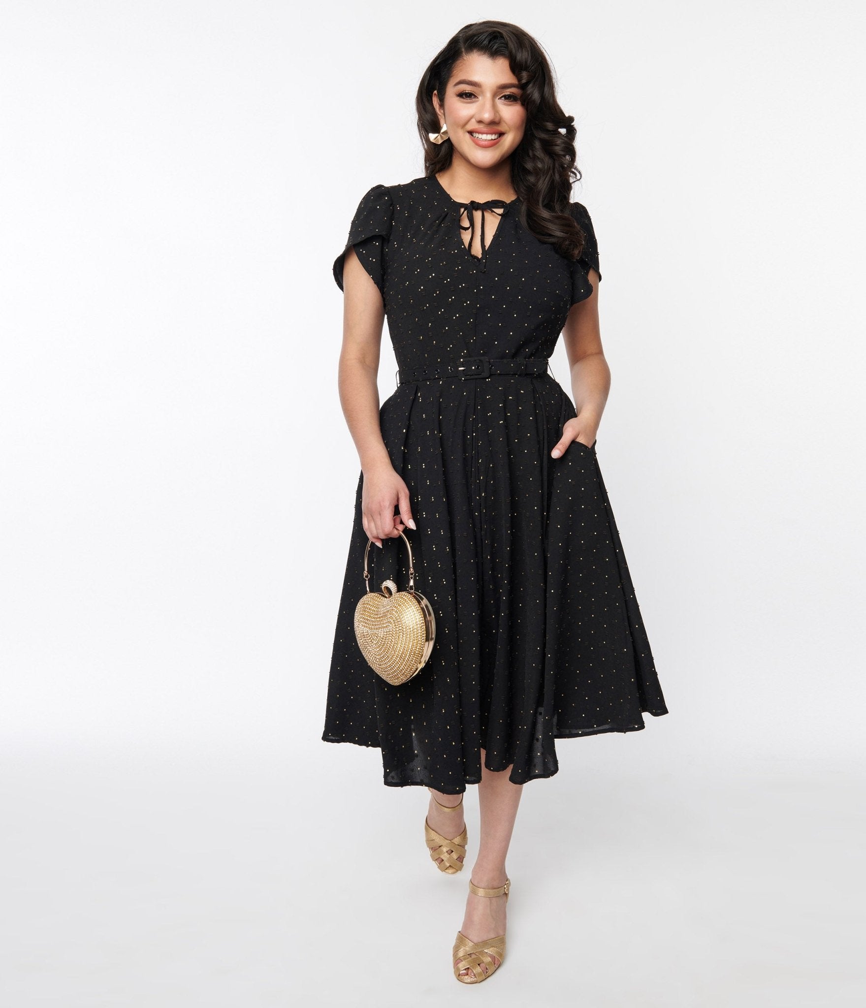 Vintage Black & Gold Polka Dot Dahlia Swing Dress - Retro 1950s Style Flared Skirt for Women - Perfect for Cocktail Parties, Weddings & Special Occasions