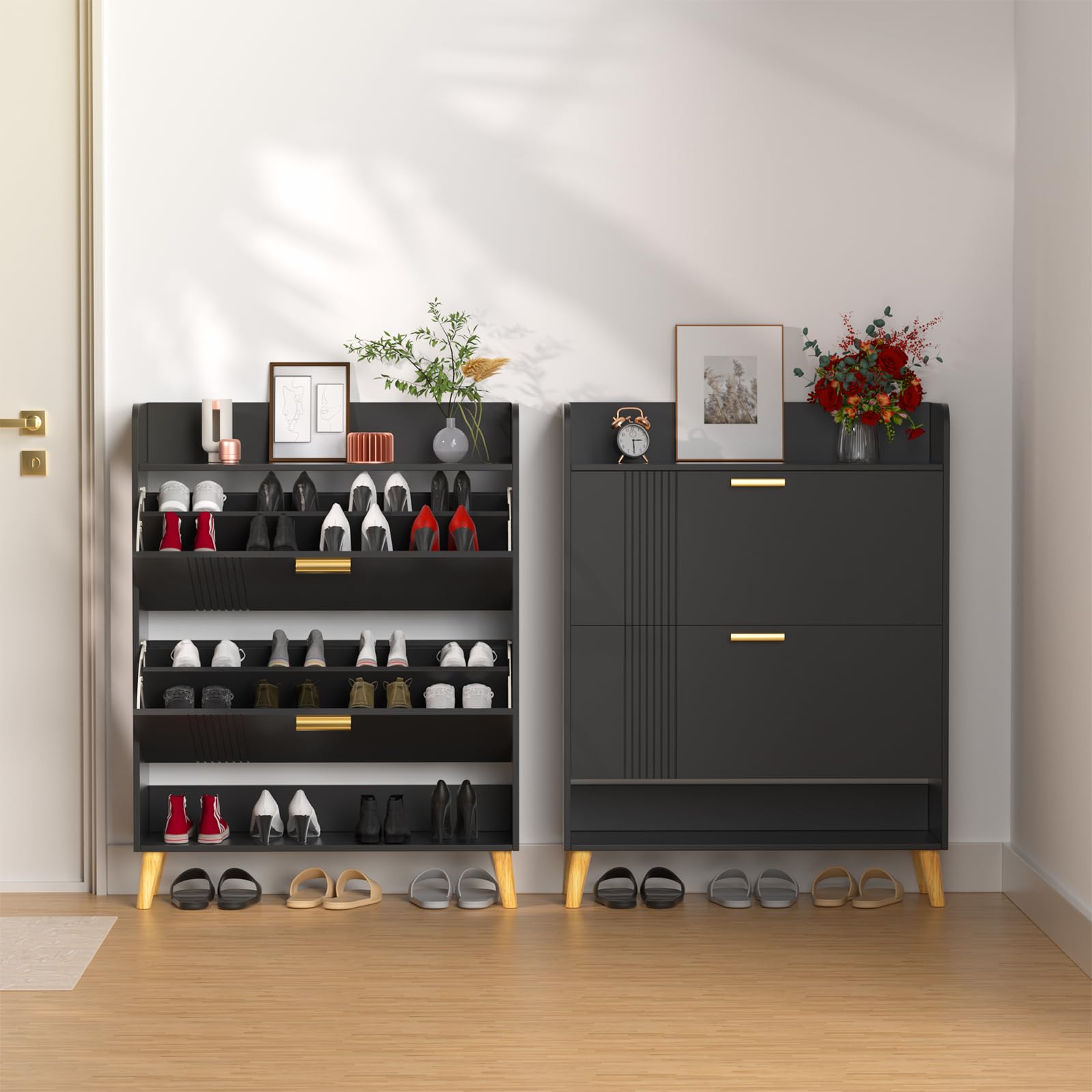 Garden 4 You 2-Drawer Shoe Storage Cabinet with Wooden Legs - Freestanding Shoe Organizer for Entryway, Hallway, Living Room & Bedroom - Space Saving Narrow Shoe Rack for Small Spaces (Black) - Perfect for Apartment Dwellers & Home Organization